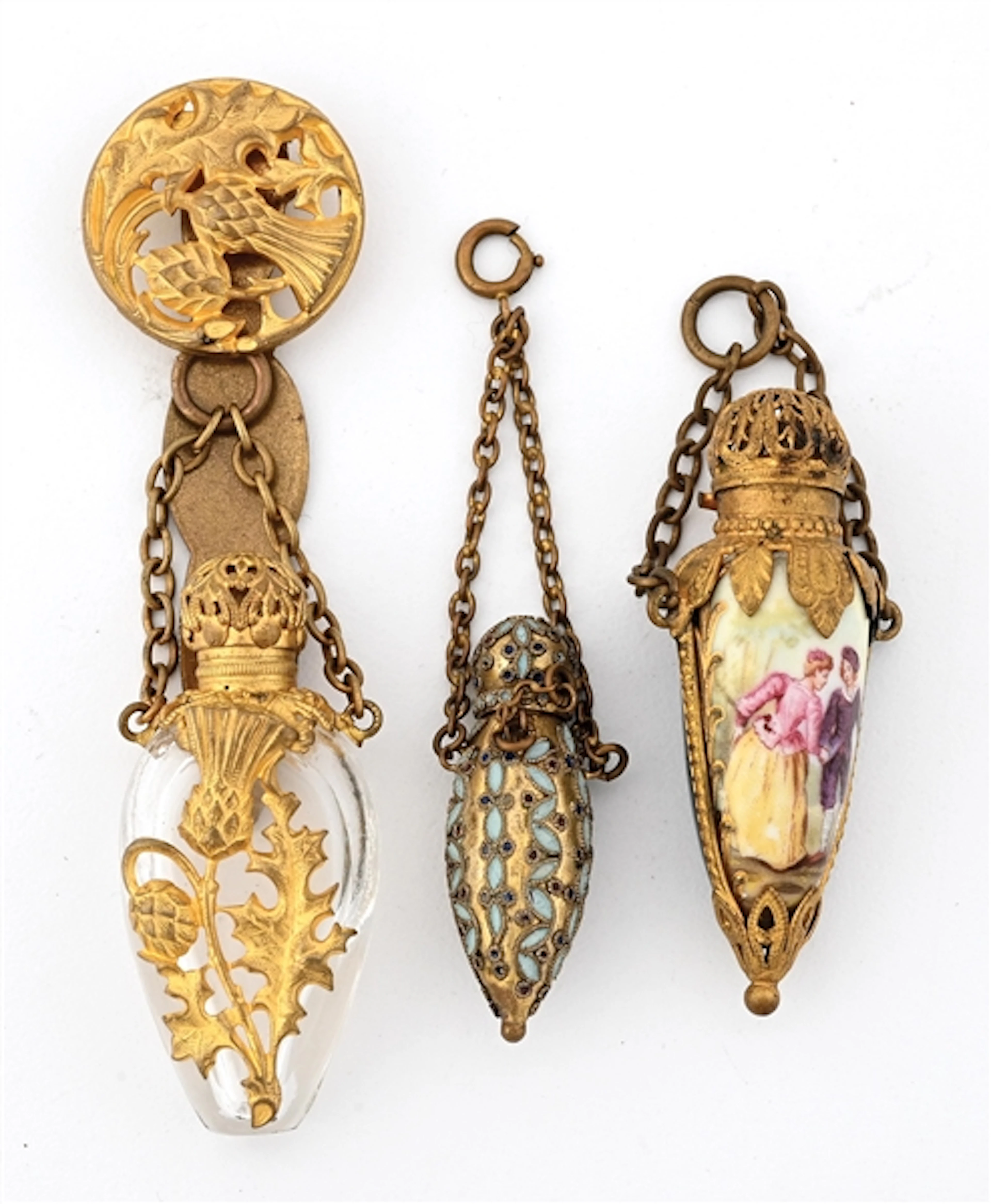 LOT OF 3: TINY PERFUME BOTTLES WITH GOLD DETAIL
