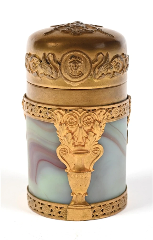 FRENCH BRASS OVERLAY SLAG GLASS PERFUME BOTTLE