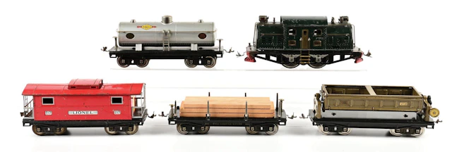 PRE-WAR LIONEL STANDARD GA. NO. 380 ELECTRIC LOCOMOTIVE & 4 ASSORTED