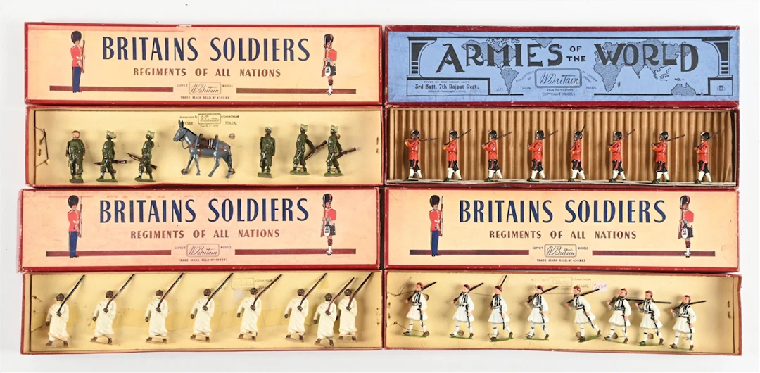 LOT OF 4: W. BRITAIN VARIOUS TYPES OF INDIAN ARMY TOY SOLDIER SETS IN BOXES