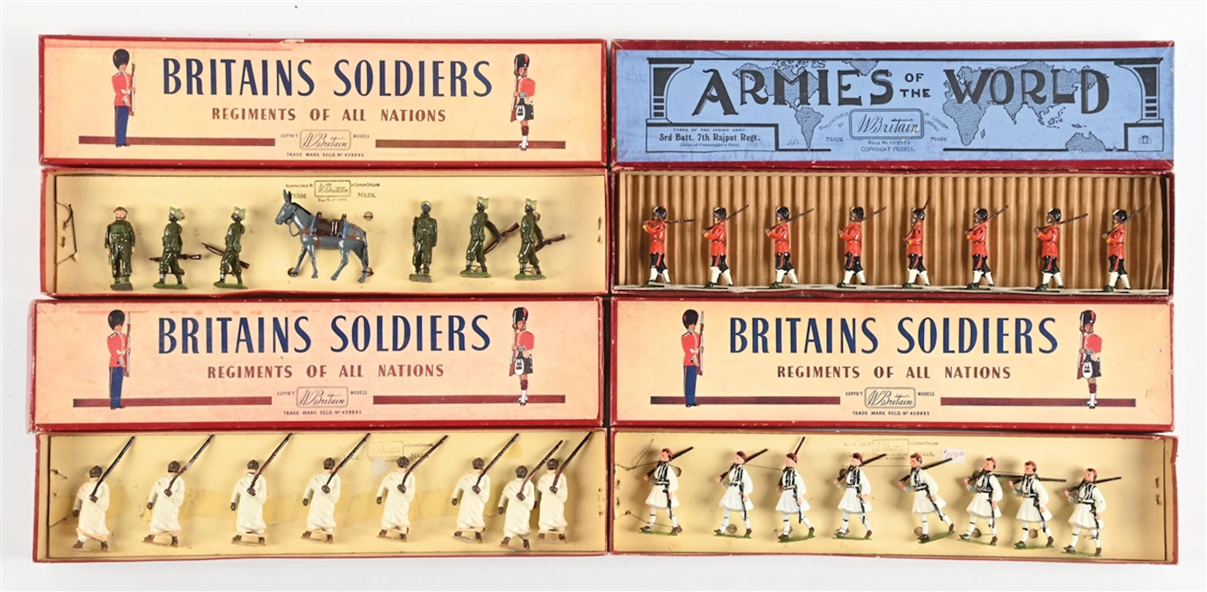 LOT OF 4: W. BRITAIN VARIOUS TYPES OF INDIAN ARMY TOY SOLDIER SETS IN BOXES