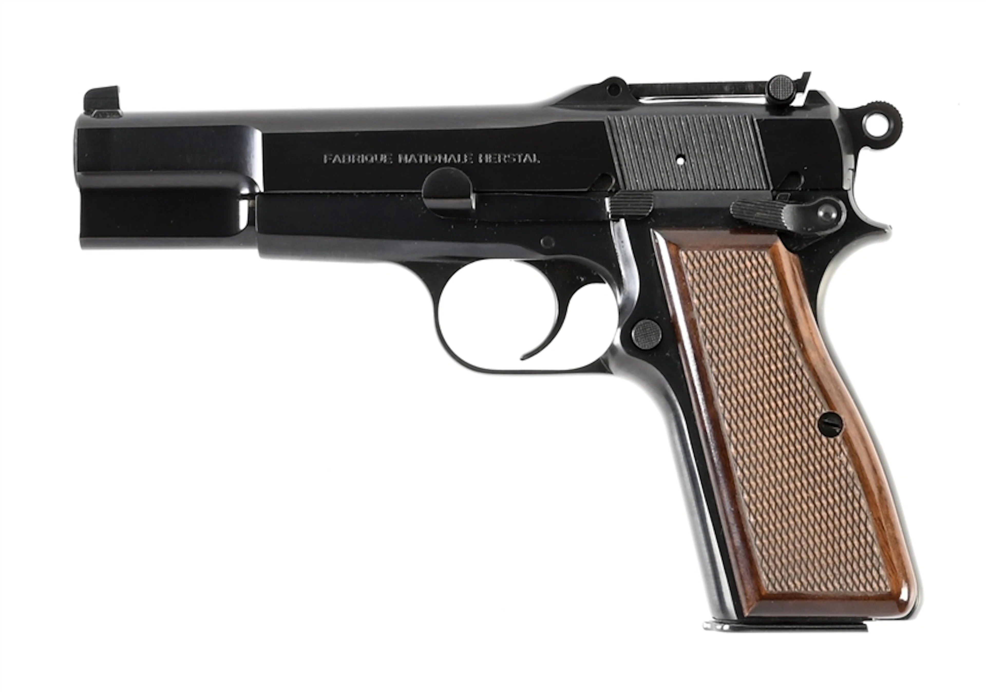 (M) FN BROWNING HI-POWER SEMI-AUTOMATIC PISTOL WITH TANGENT SIGHT AND CASE.