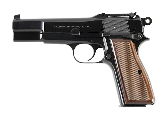 (M) FN BROWNING HI-POWER SEMI-AUTOMATIC PISTOL WITH TANGENT SIGHT AND CASE.
