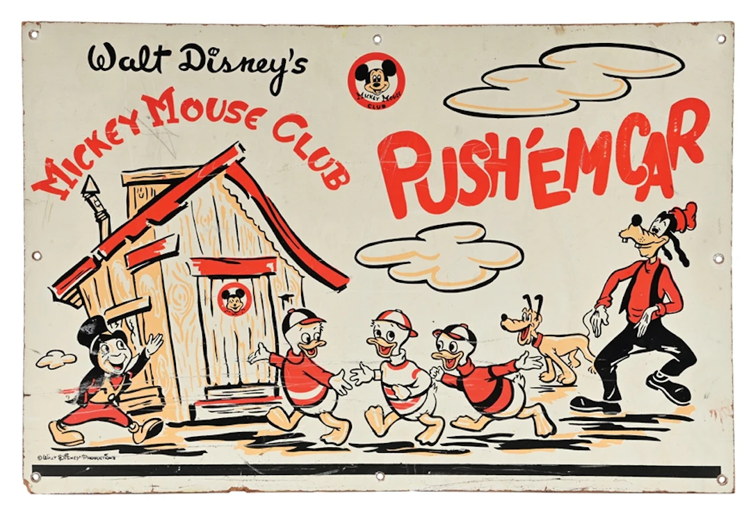 WALT DISNEY'S MICKEY MOUSE CLUB PUSH 'EM CAR PAINTED MASONITE SIGN