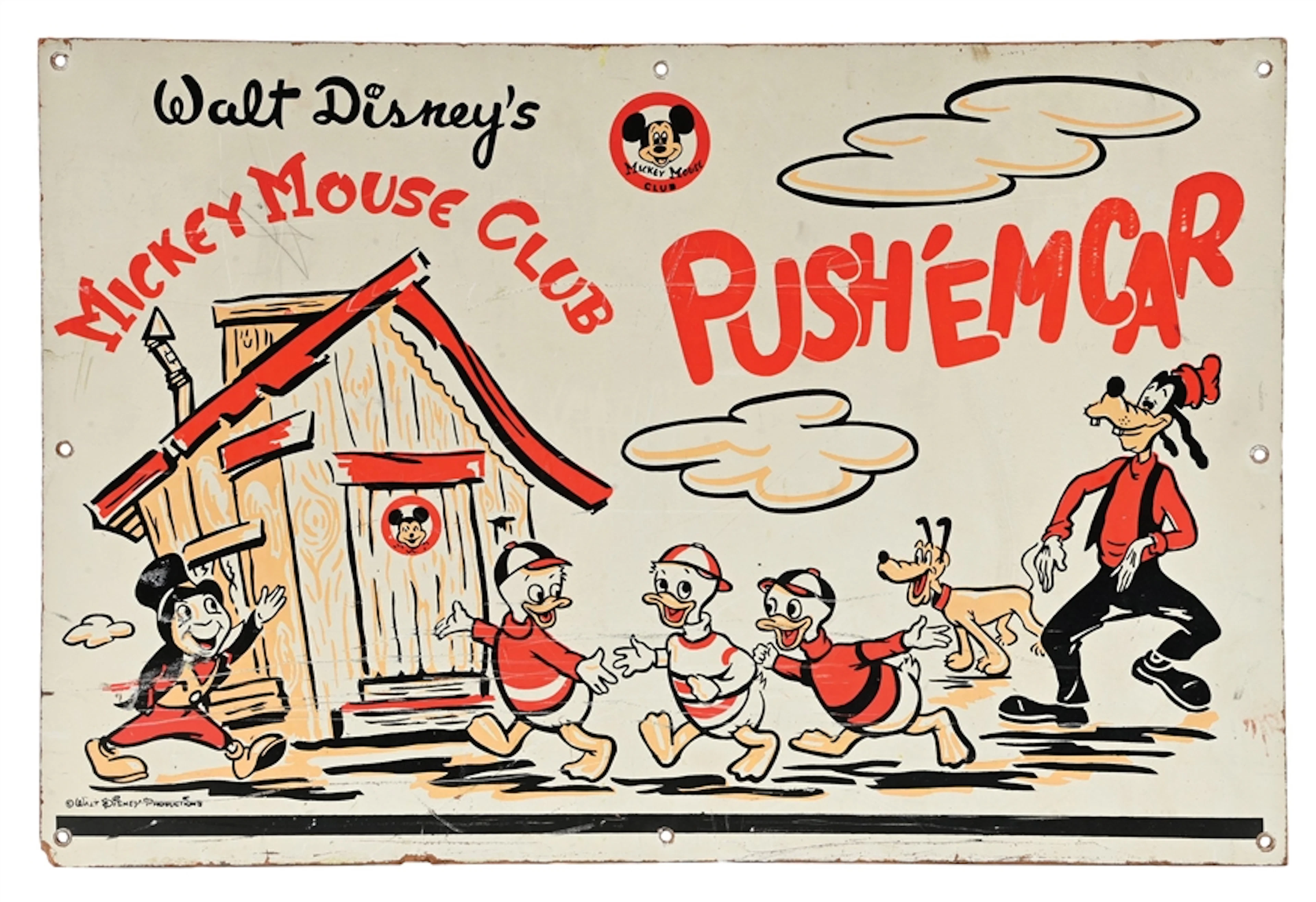 WALT DISNEY'S MICKEY MOUSE CLUB PUSH 'EM CAR PAINTED MASONITE SIGN