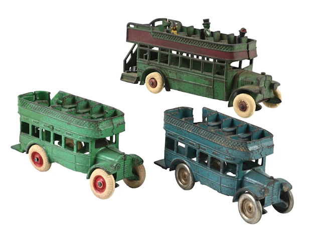 LOT OF 3: ARCADE MFG. CO. CAST IRON DOUBLE DECKER BUSES