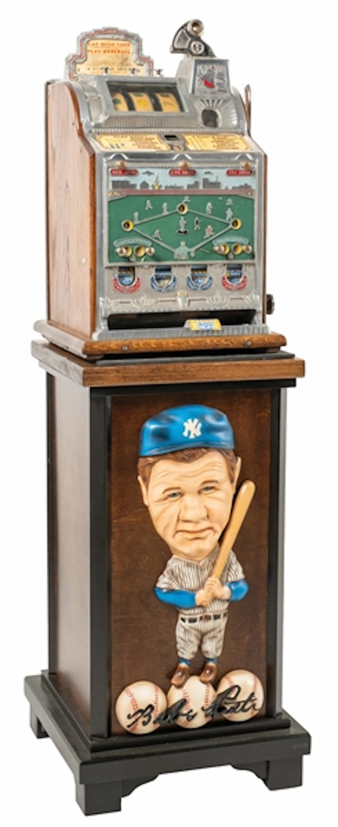 5¢ MILLS BASEBALL SLOT MACHINE WITH WOODEN BASEBALL SLOT STAND