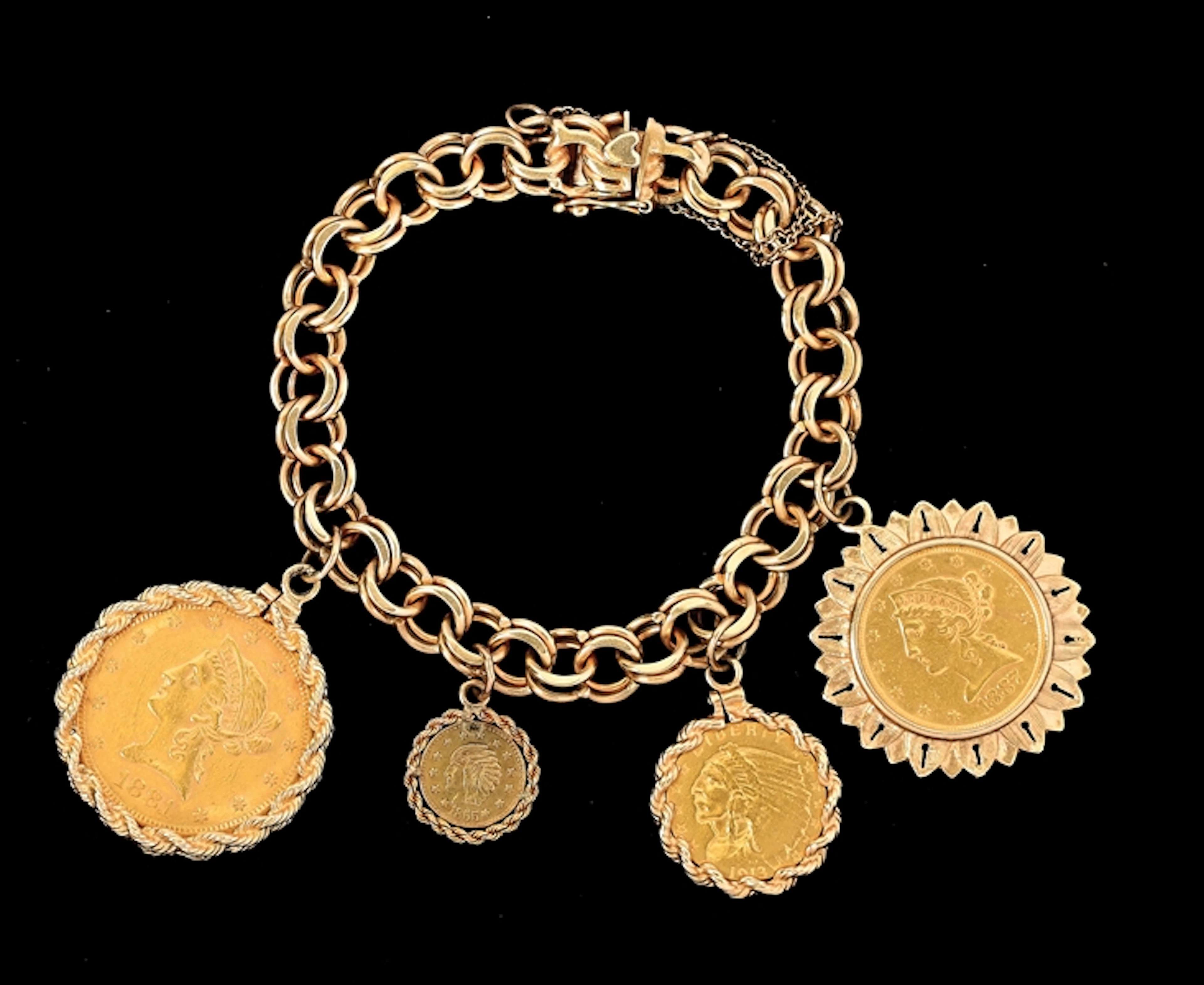 14K GOLD CHARM BRACELET W/4 GOLD COINS