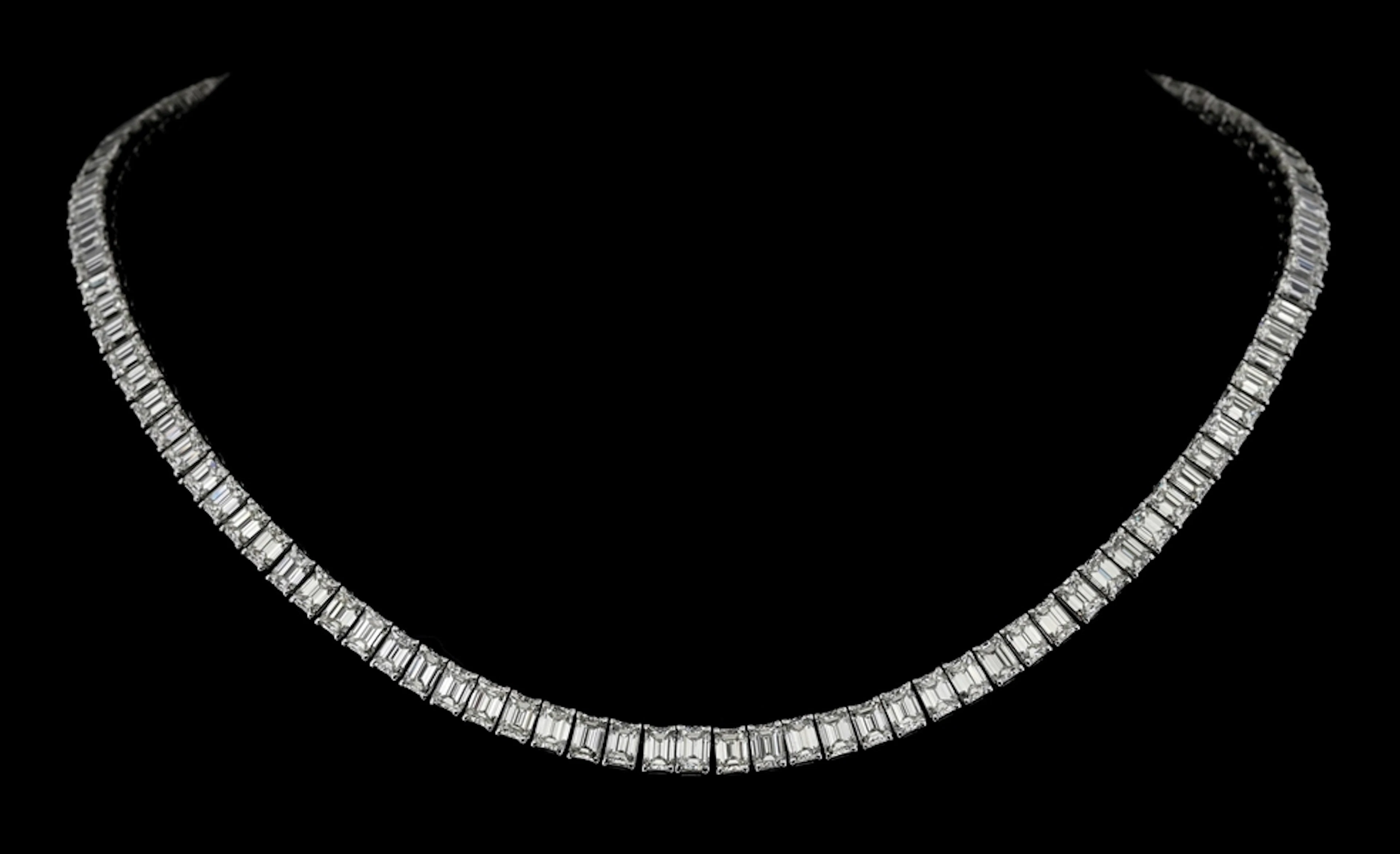 18K WHITE GOLD EMERALD CUT DIAMOND LINE NECKLACE, 34.68CT TW