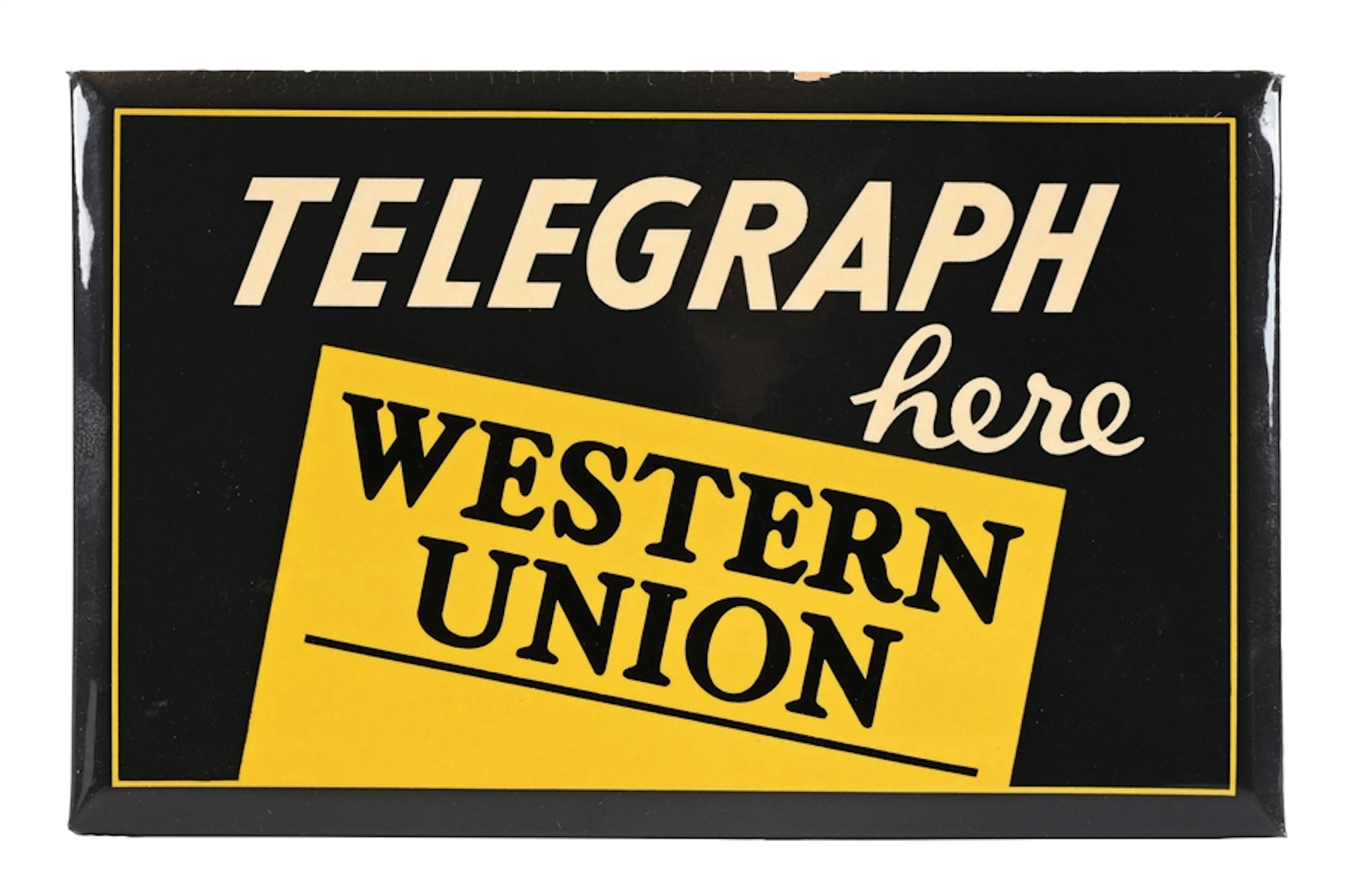 WESTERN UNION TELEGRAPH HERE CELLULOID OVER CARDBOARD SIGN W/ EASEL BACK.