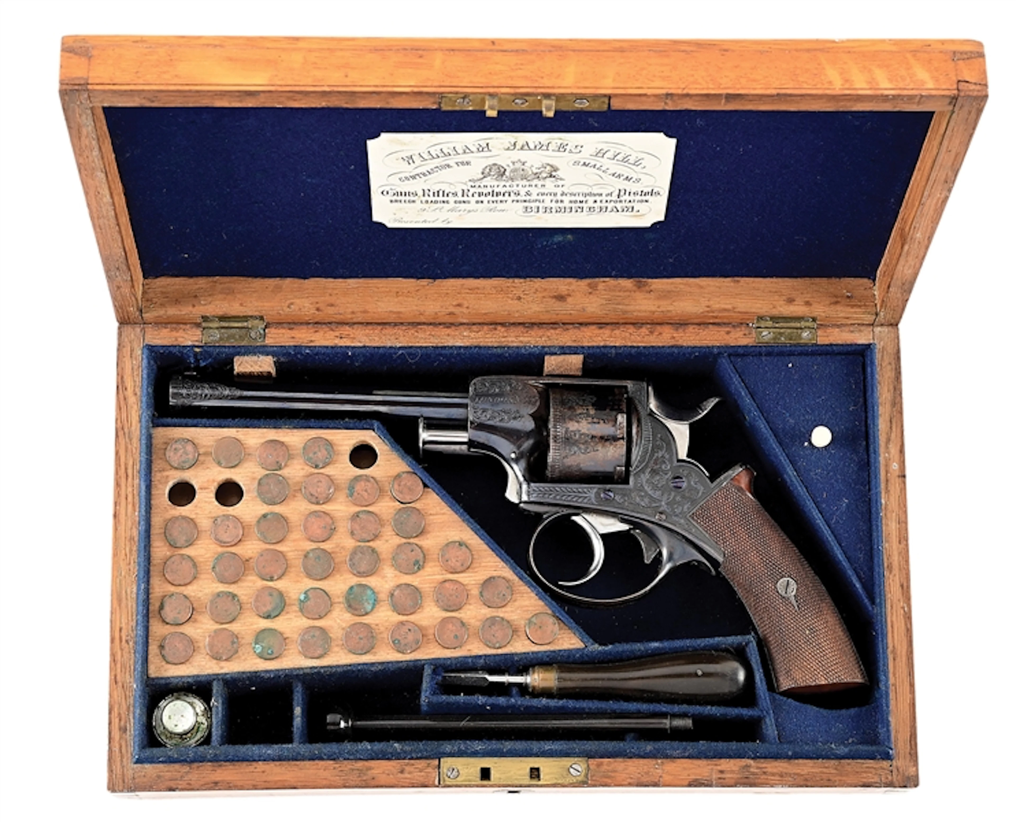 (A) CASED AND ENGRAVED W. J. HILL PATENT DOUBLE ACTION REVOLVER.