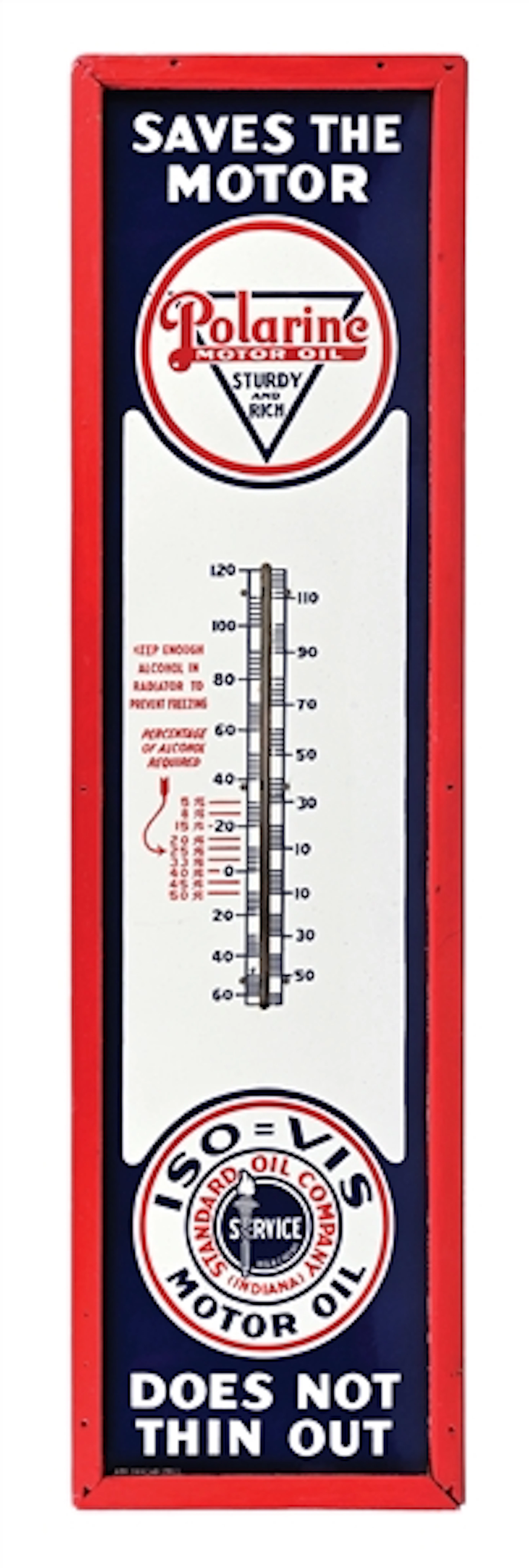 OUTSTANDING STANDARD OIL COMPANY POLARINE MOTOR OIL PORCELAIN THERMOMETER