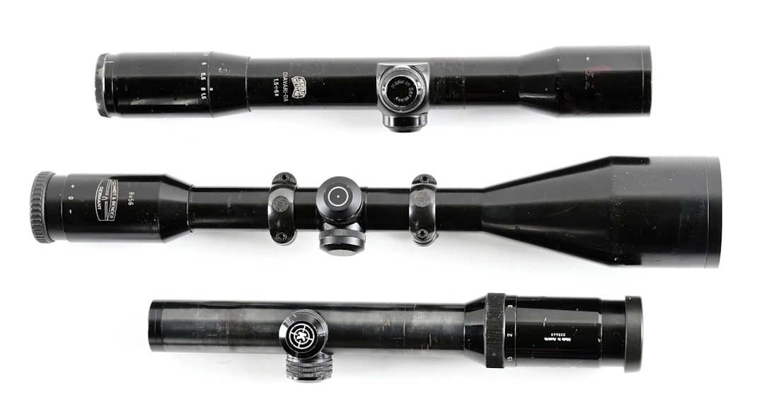LOT OF 3 GERMAN MANUFACTURED RIFLE SPORTING SCOPES.