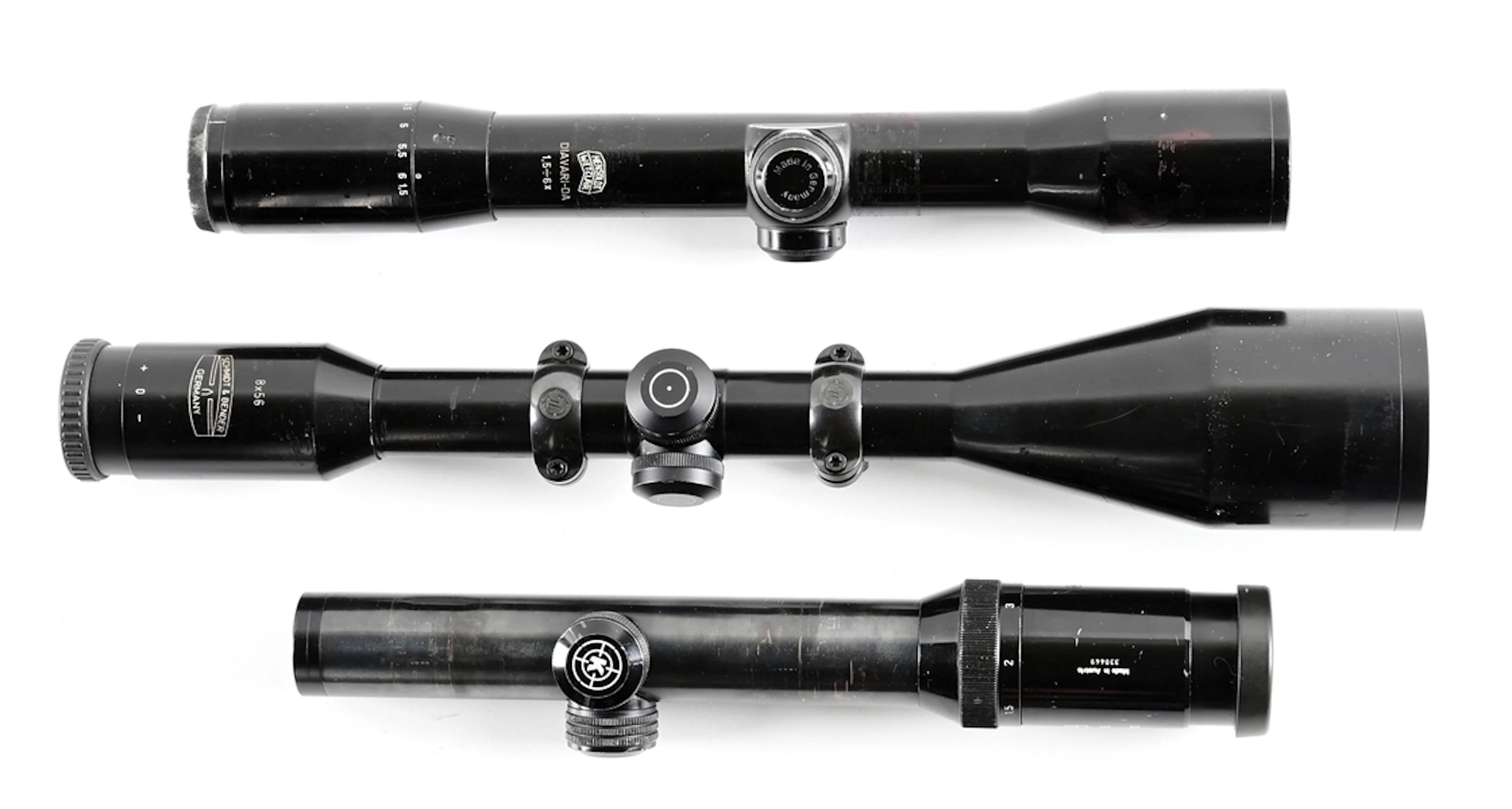 LOT OF 3 GERMAN MANUFACTURED RIFLE SPORTING SCOPES.