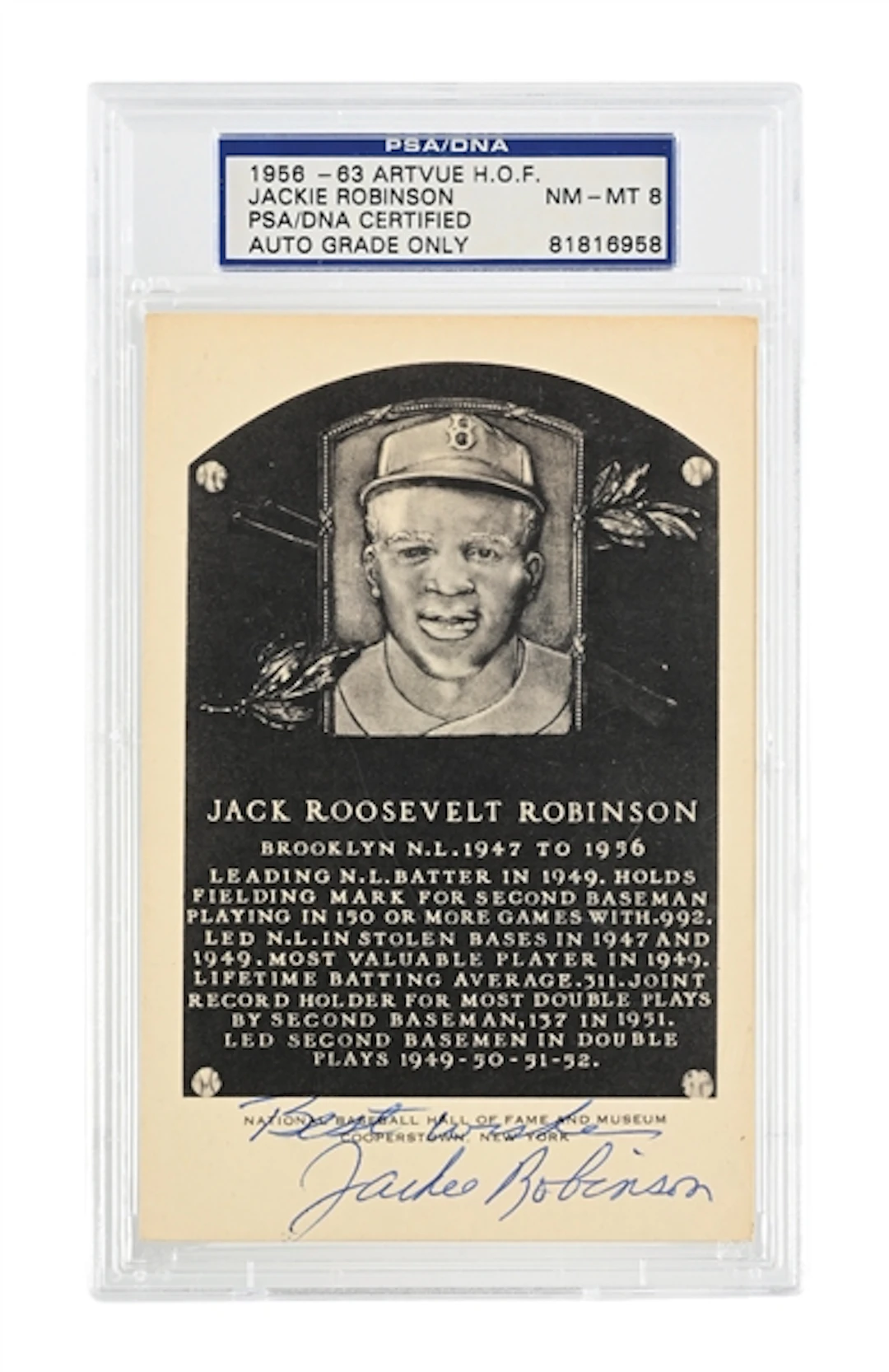 JACKIE ROBINSON SIGNED ARTVUE HOF PLAQUE PSA/DNA NM-MT 8.