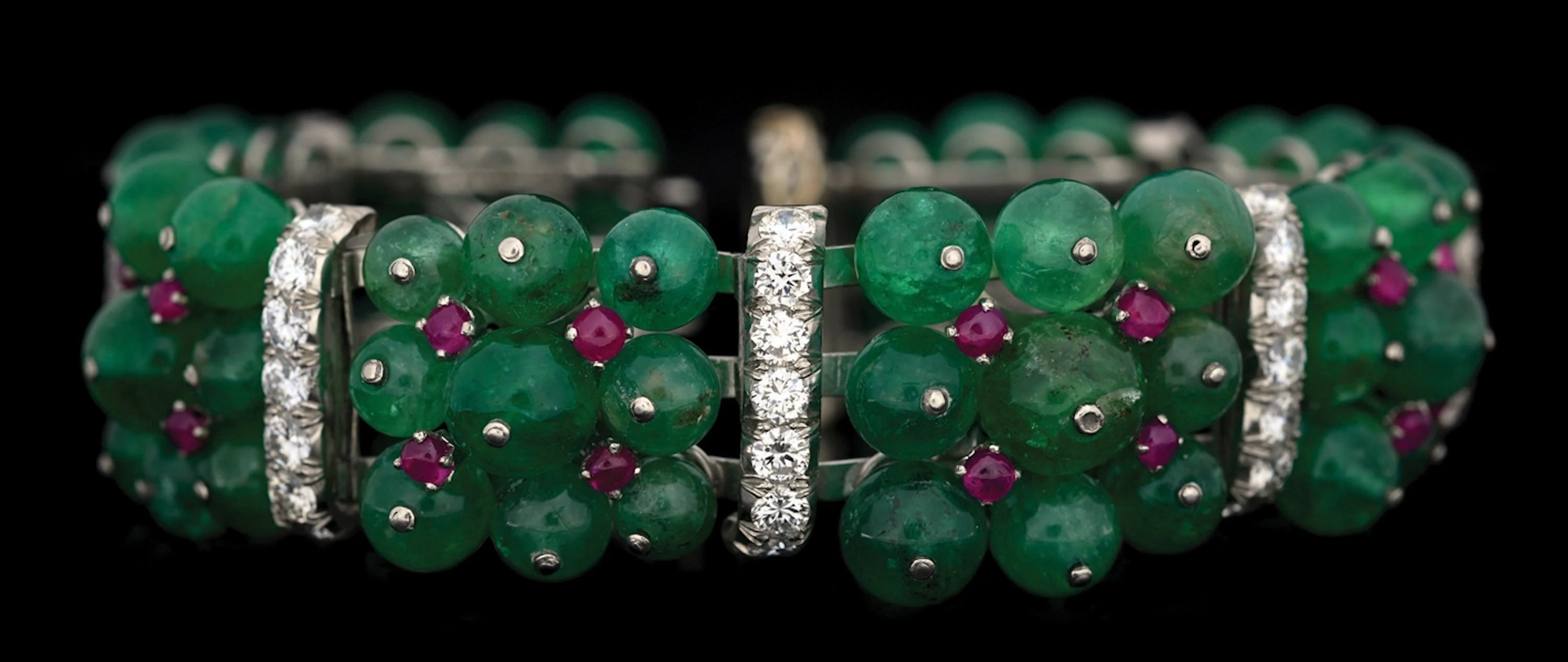 DAVID WEBB 18K WHITE GOLD & PLATINUM EMERALD, RUBY & DIAMOND BRACELET