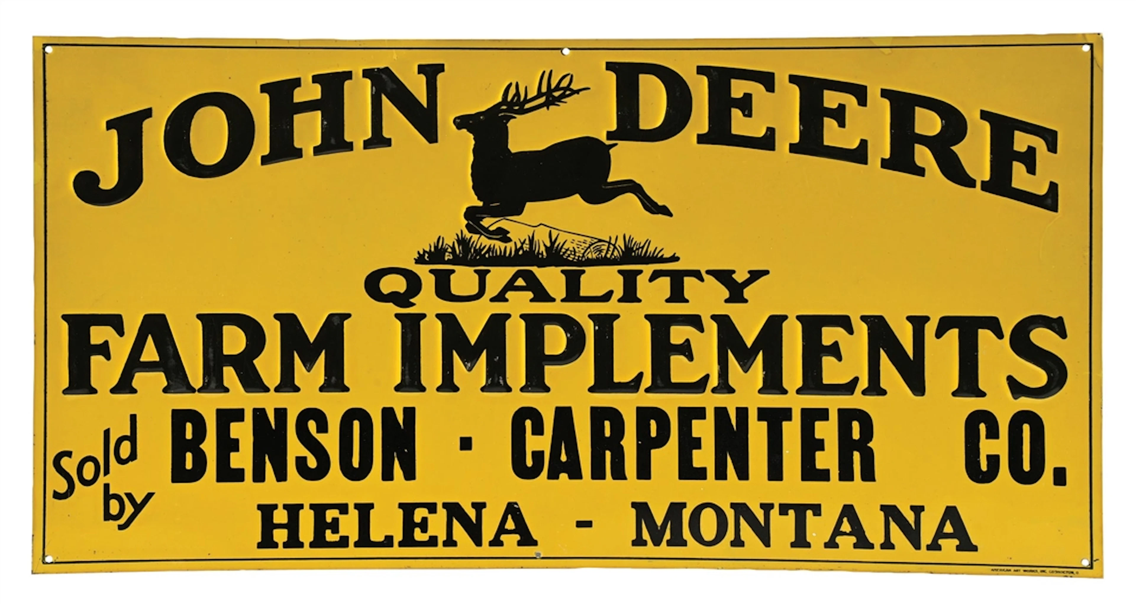 OUTSTANDING JOHN DEERE QUALITY FARM IMPLEMENTS NOS EMBOSSED TIN SIGN