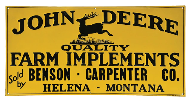 OUTSTANDING JOHN DEERE QUALITY FARM IMPLEMENTS NOS EMBOSSED TIN SIGN