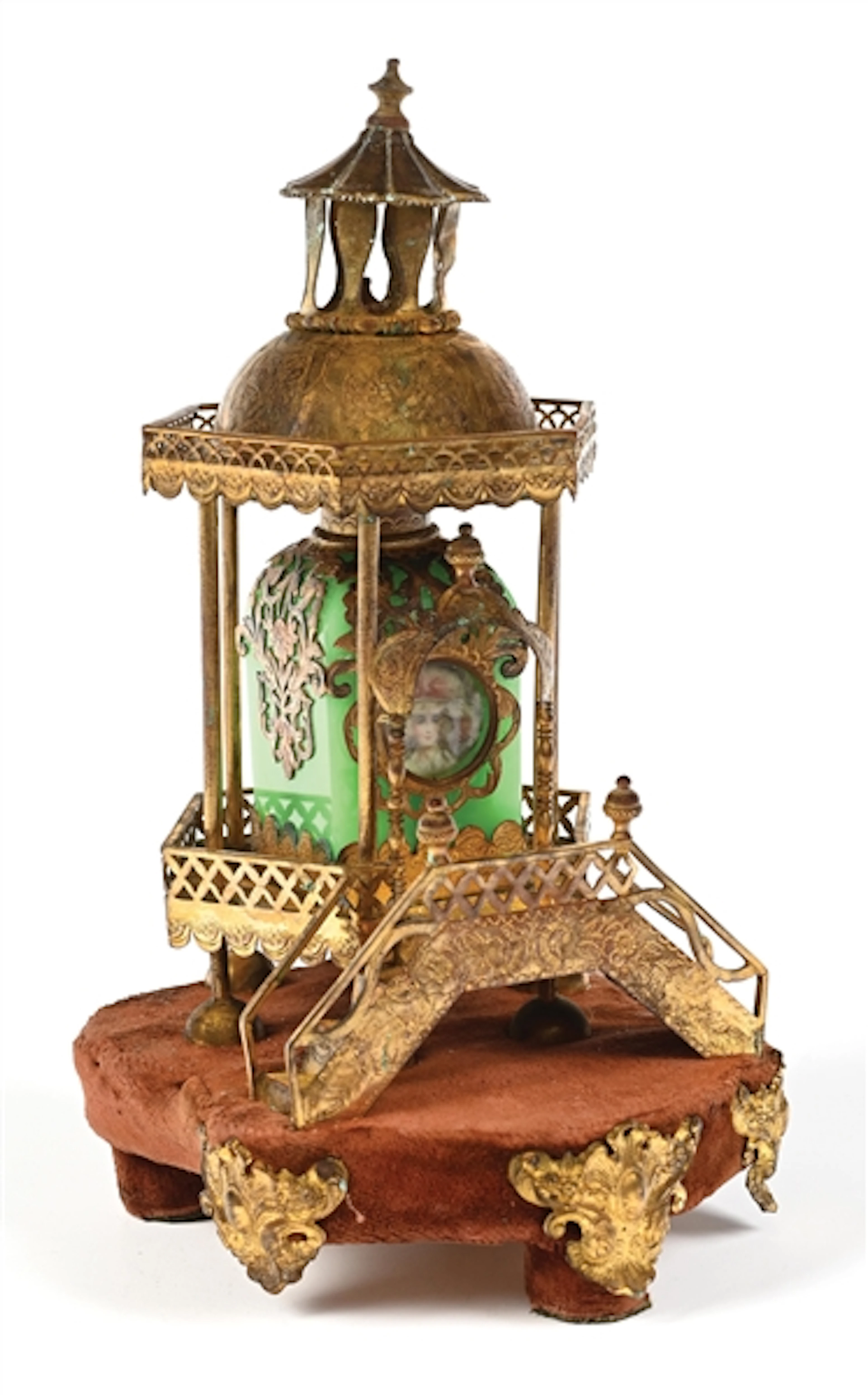 ORNATE VICTORIAN PERFUME CADDY WITH STAIRCASE & URANIUM GLASS PERFUME