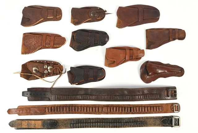LOT OF (13) MISCELLANEOUS 19TH & EARLY 20TH CENTURY LEATHER HOLSTERS AND BELTS.