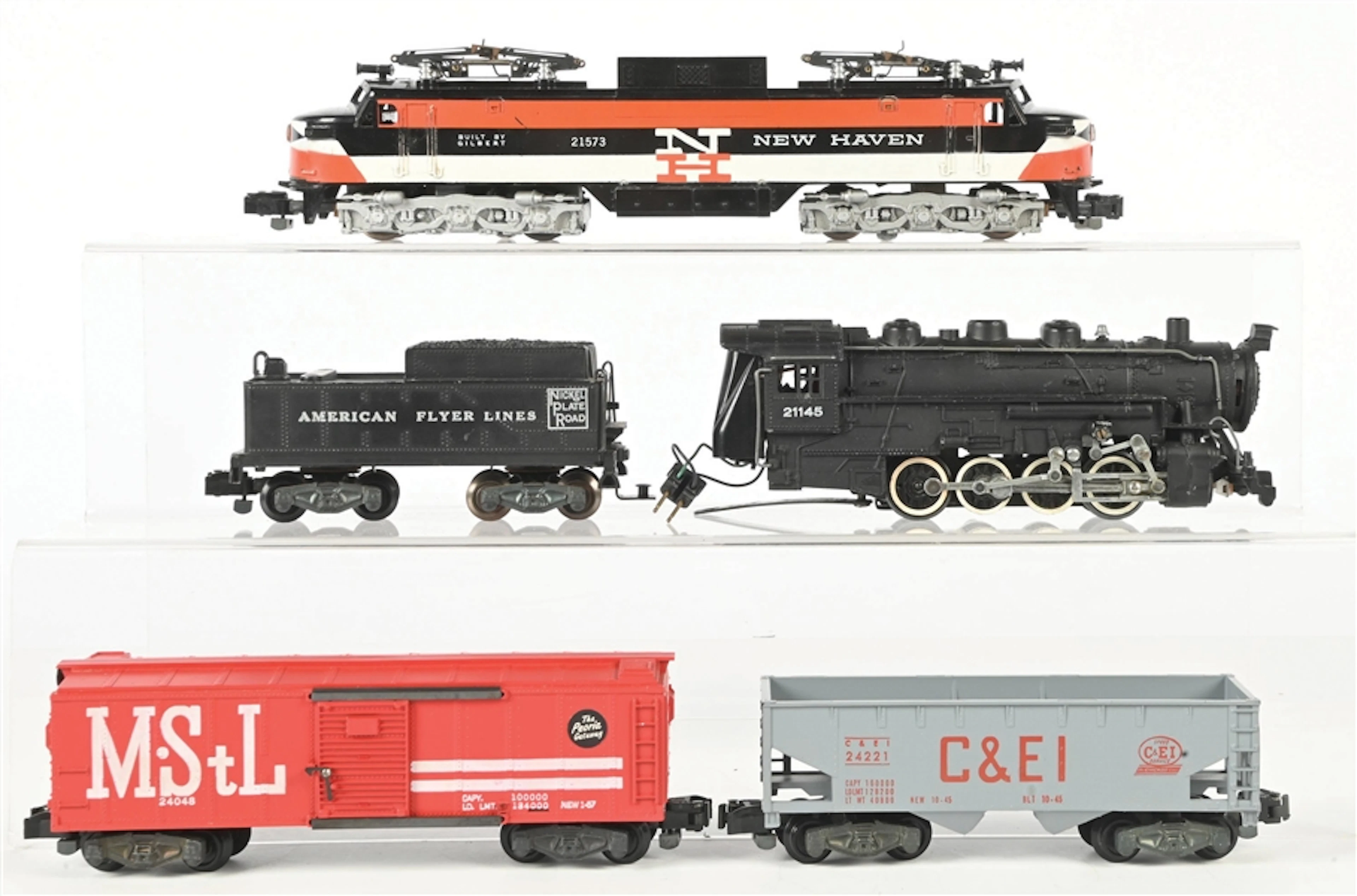 AMERICAN FLYER S. GAUGE NO. 21145 AND NO. 21573 LOCOMOTIVES PLUS TWO