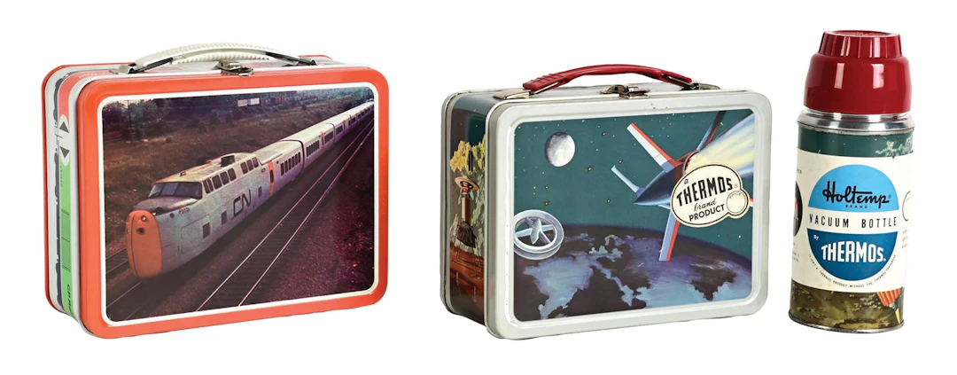 LOT OF 2: CP RAIL LUNCHBOX & THERMOS BRAND SPACE-THEMED LUNCHBOX WITH THERMOS