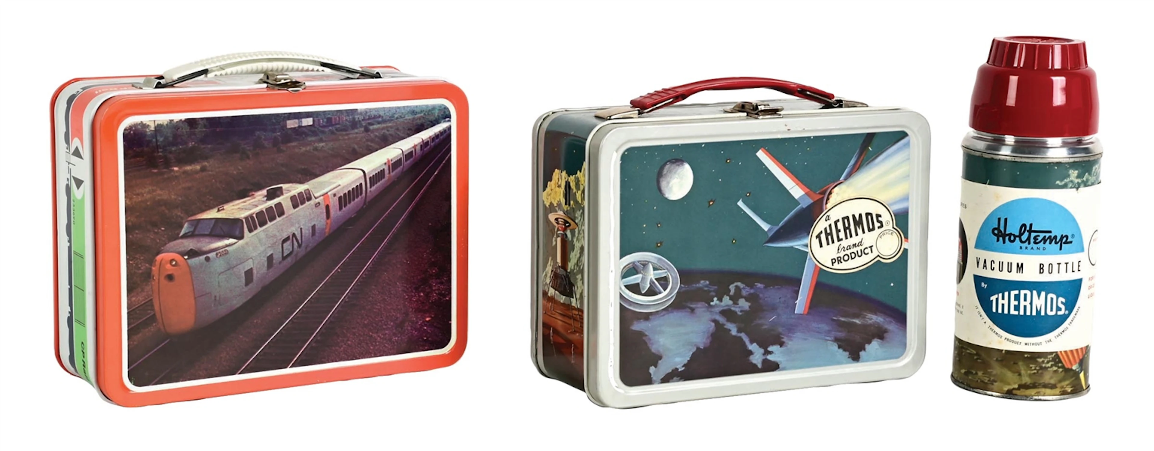 LOT OF 2: CP RAIL LUNCHBOX & THERMOS BRAND SPACE-THEMED LUNCHBOX WITH THERMOS