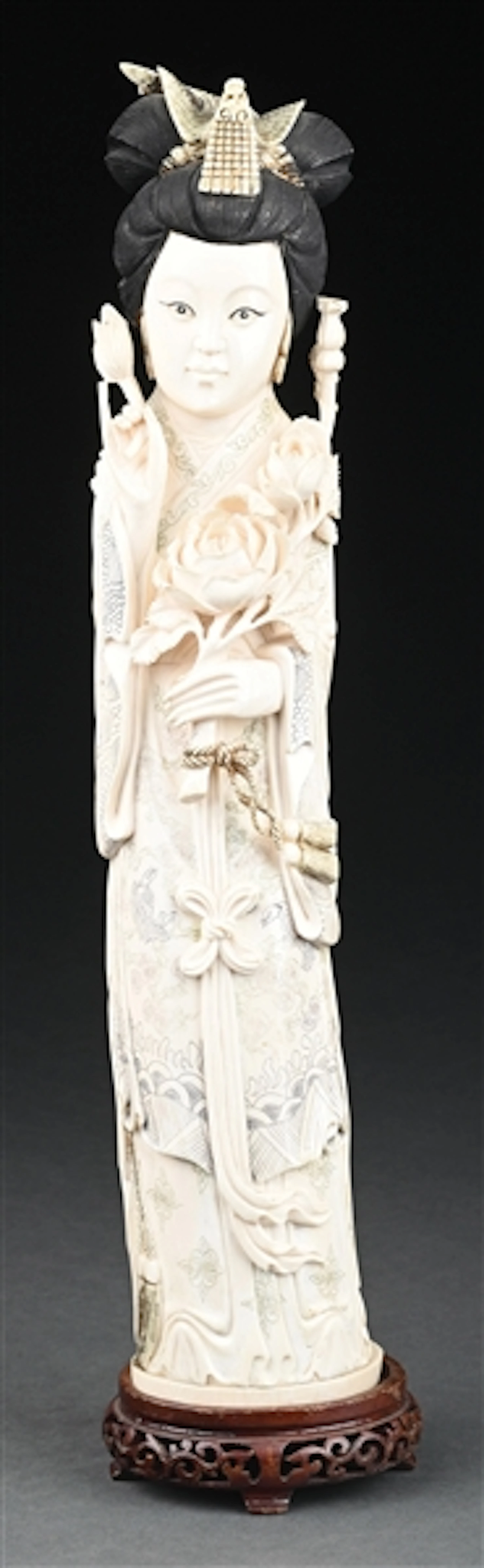 ORIENTALLY CARVED IVORY ASIAN WOMAN FIGURINE W/ WOOD STAND