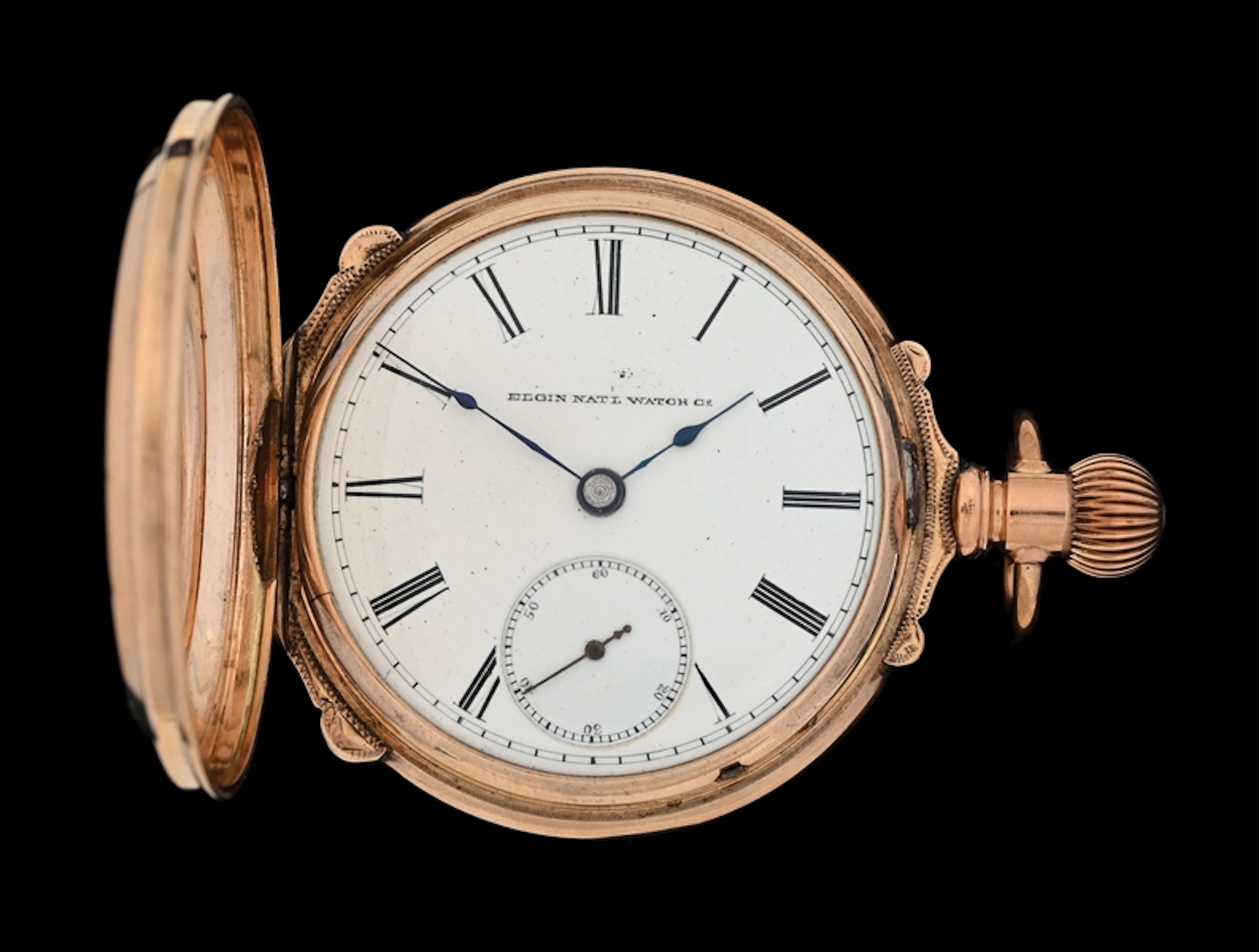 14K PINK GOLD ELGIN H/C BOX-HINGE POCKET WATCH W/GOLD-QUARTZ INLAY