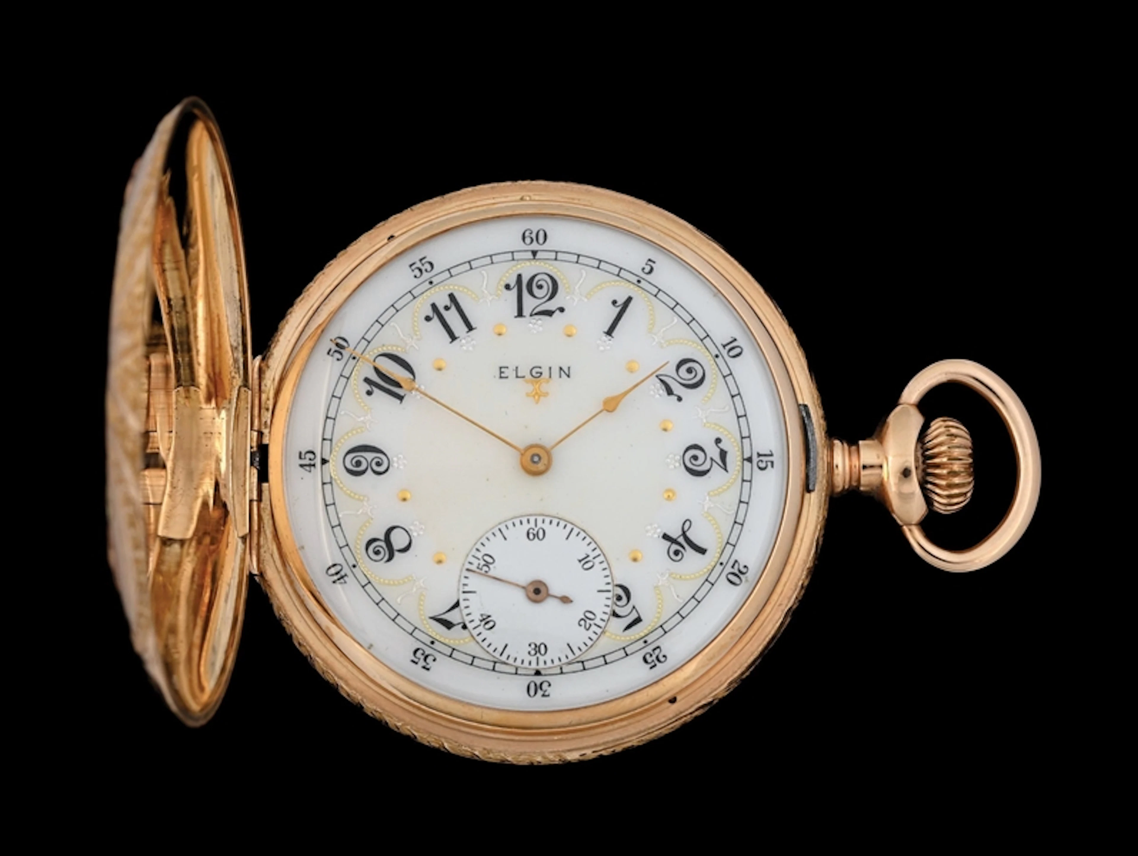 14K MULTICOLOR ELGIN H/C POCKET WATCH DECORATED W/FLOWERS
