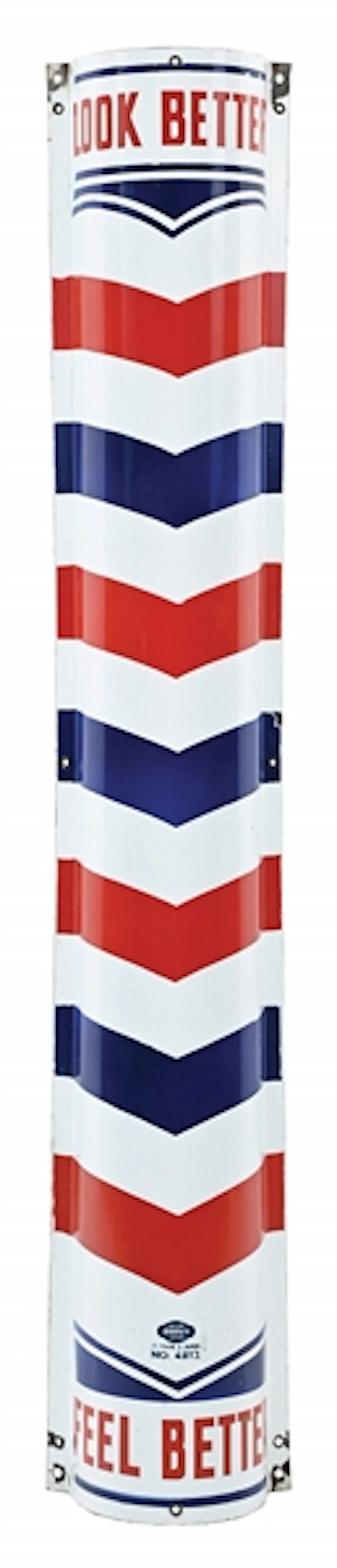 WILLIAM MARVY CO. LOOK BETTER FEEL BETTER CURVED PORCELAIN BARBER POLE SIGN