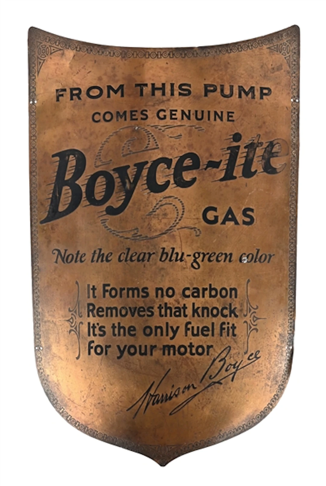 RARE BOYCE-ITE BLU-GREEN GAS STAMPED BRONZE PUMP PLATE SIGN.