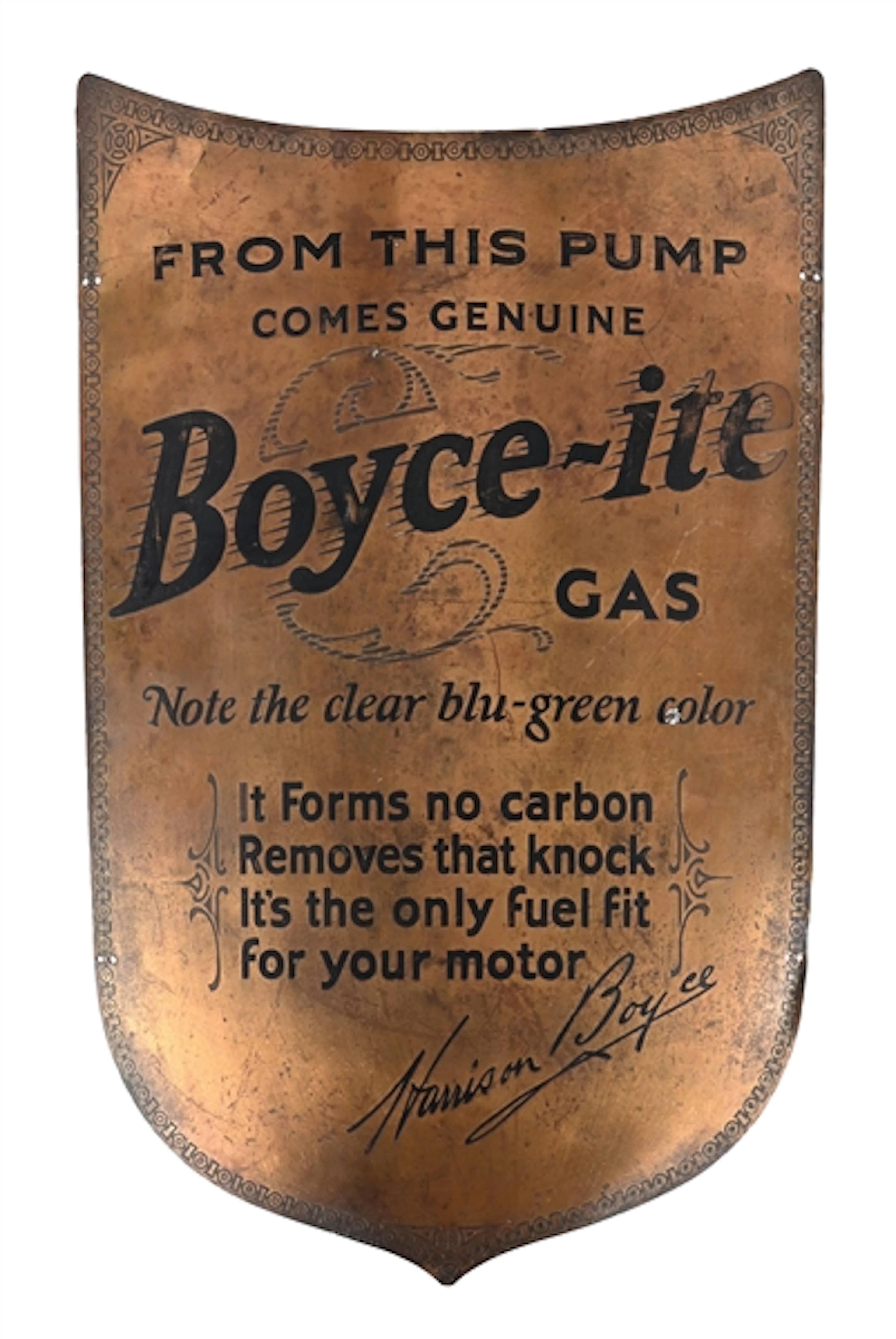 RARE BOYCE-ITE BLU-GREEN GAS STAMPED BRONZE PUMP PLATE SIGN.