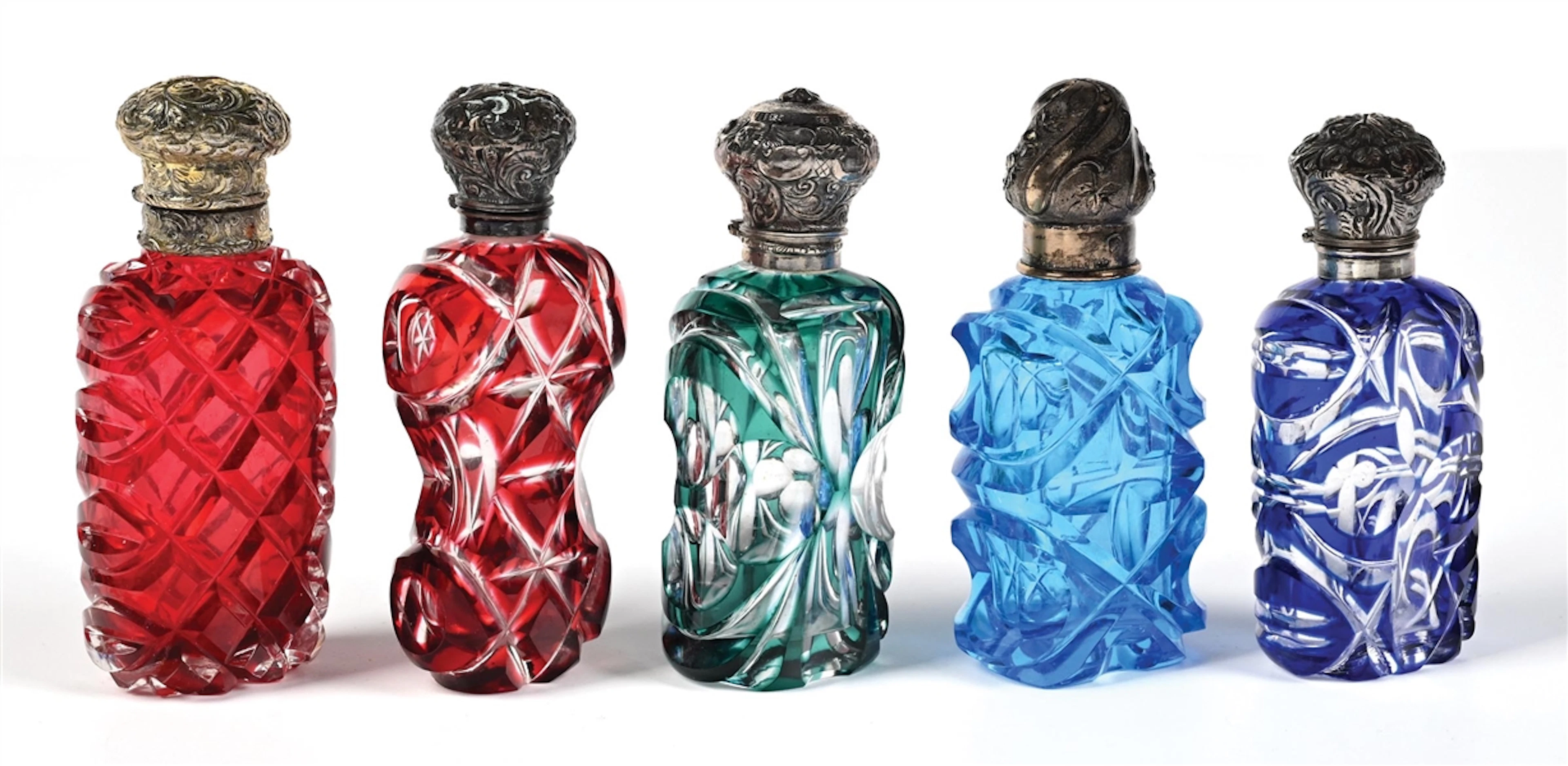 LOT OF 5: BOHEMIAN OVERLAY GLASS PERFUME BOTTLES