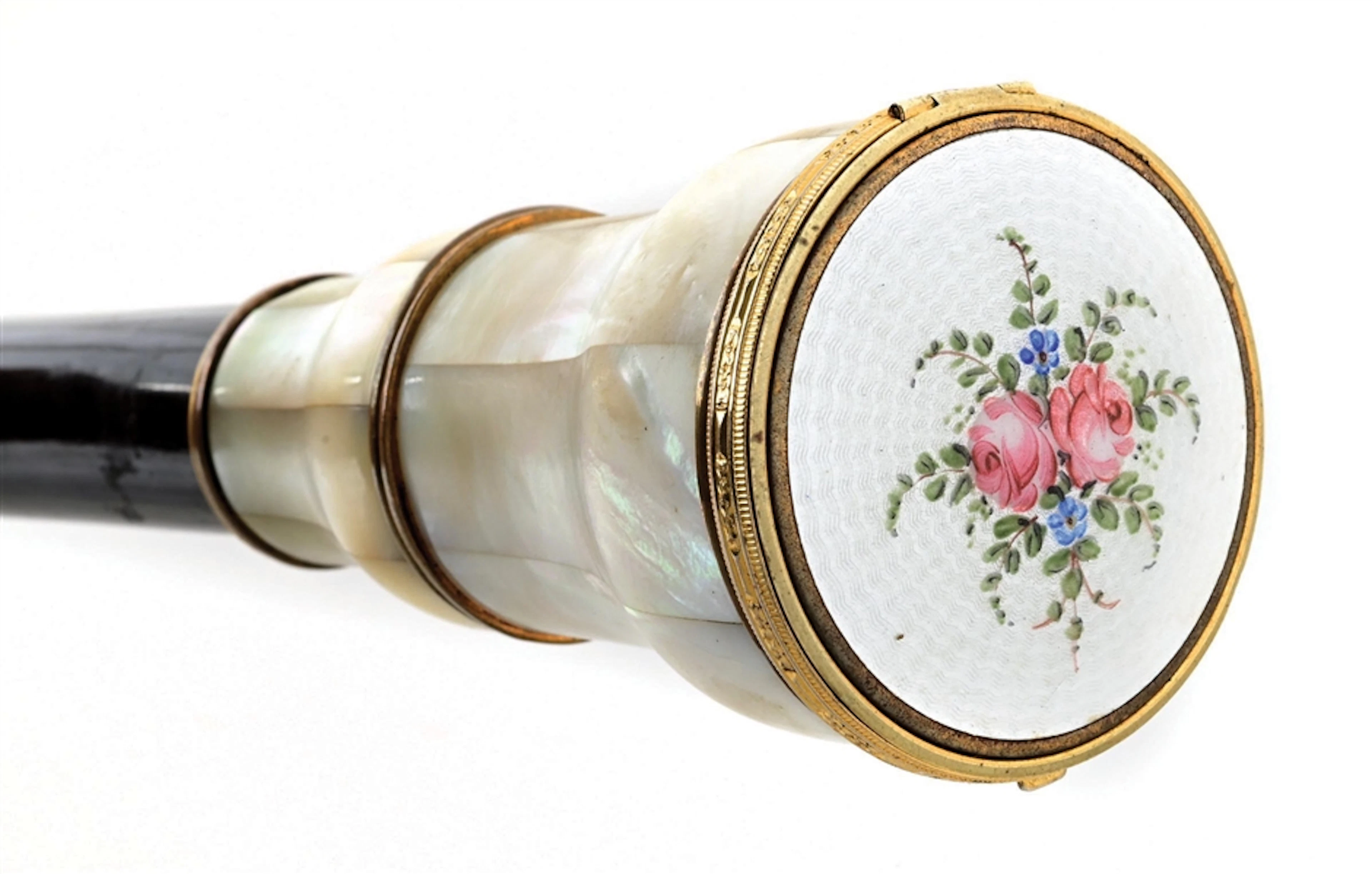 ANTIQUE WALKING STICK CANE WITH EBONY SHAFT AND MOTHER-OF-PEARL FLORAL