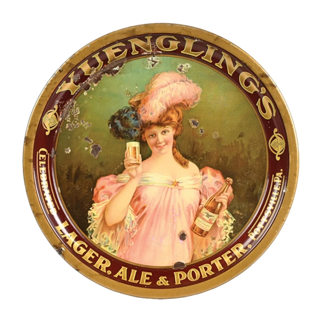 YUENGLING'S CELEBRATED LAGER, ALE, & PORTER PLUME HAT VICTORIAN WOMEN BEER TRAY