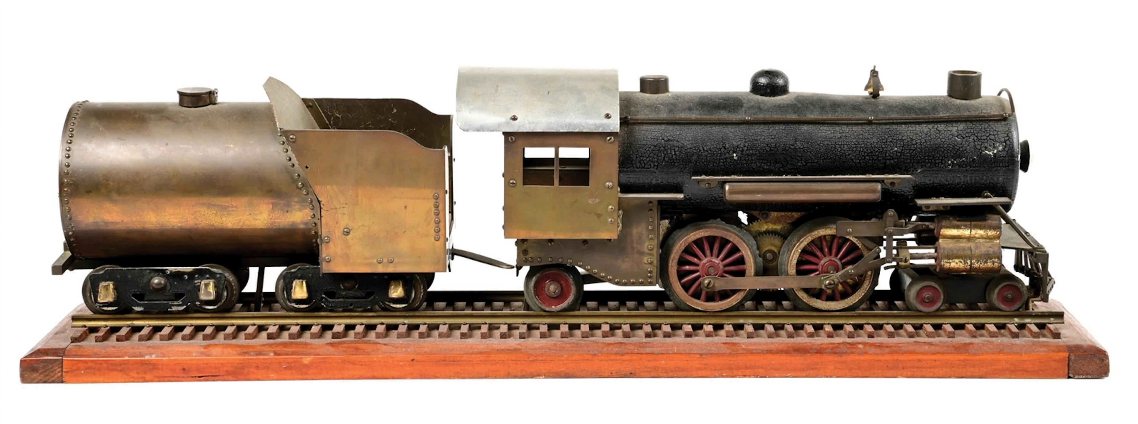 FOLK ART STD-GA. STEAM LOCOMOTIVE WITH IVES MOTOR ON WOODEN BASE