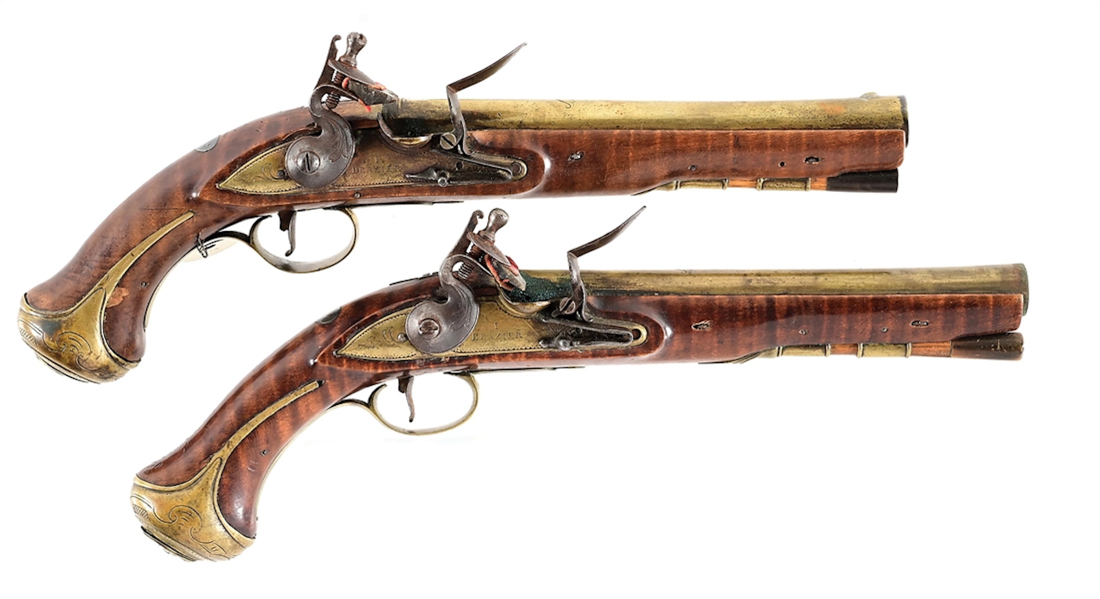 (A) PAIR OF BRASS BARRELED BRAZIER FLINTLOCK OFFICER'S PISTOLS