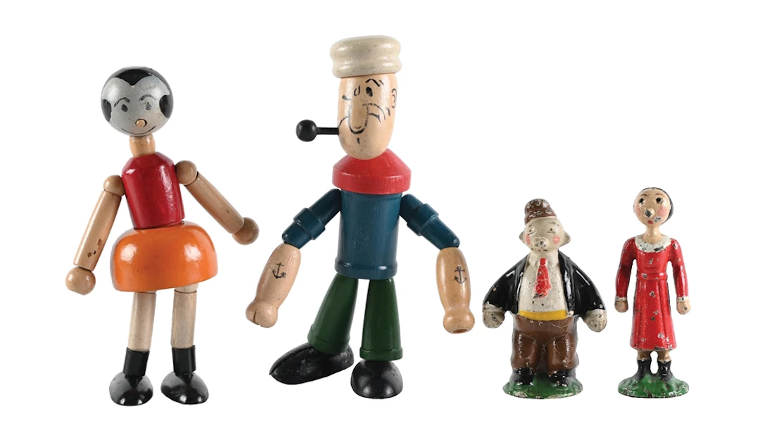 LOT OF 4: 2 WOODEN & 2 LEAD POPEYE AND OILVE OYL FIGURES