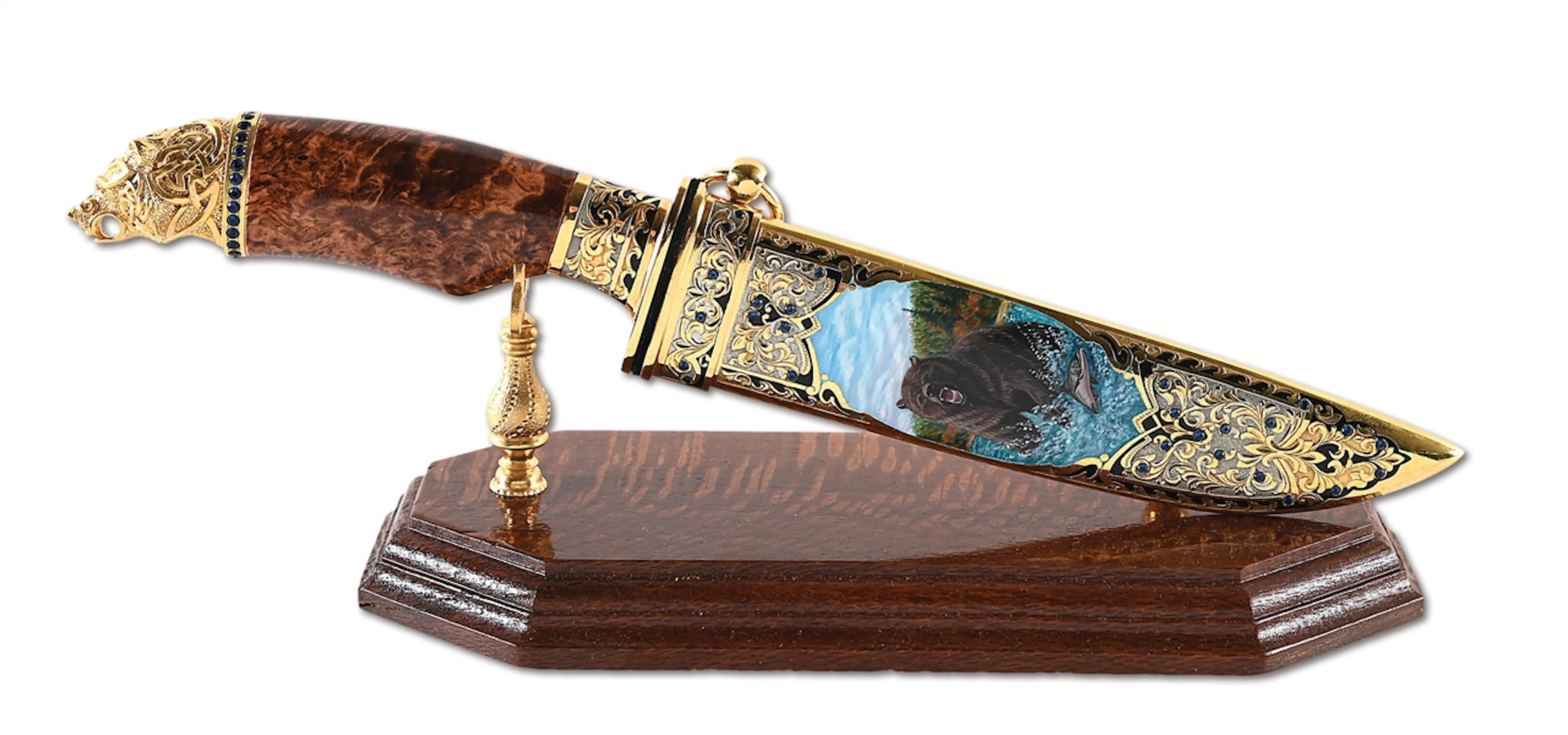 ZLATOUST ENAMEL BEAR KNIFE WITH CASE AND STAND.
