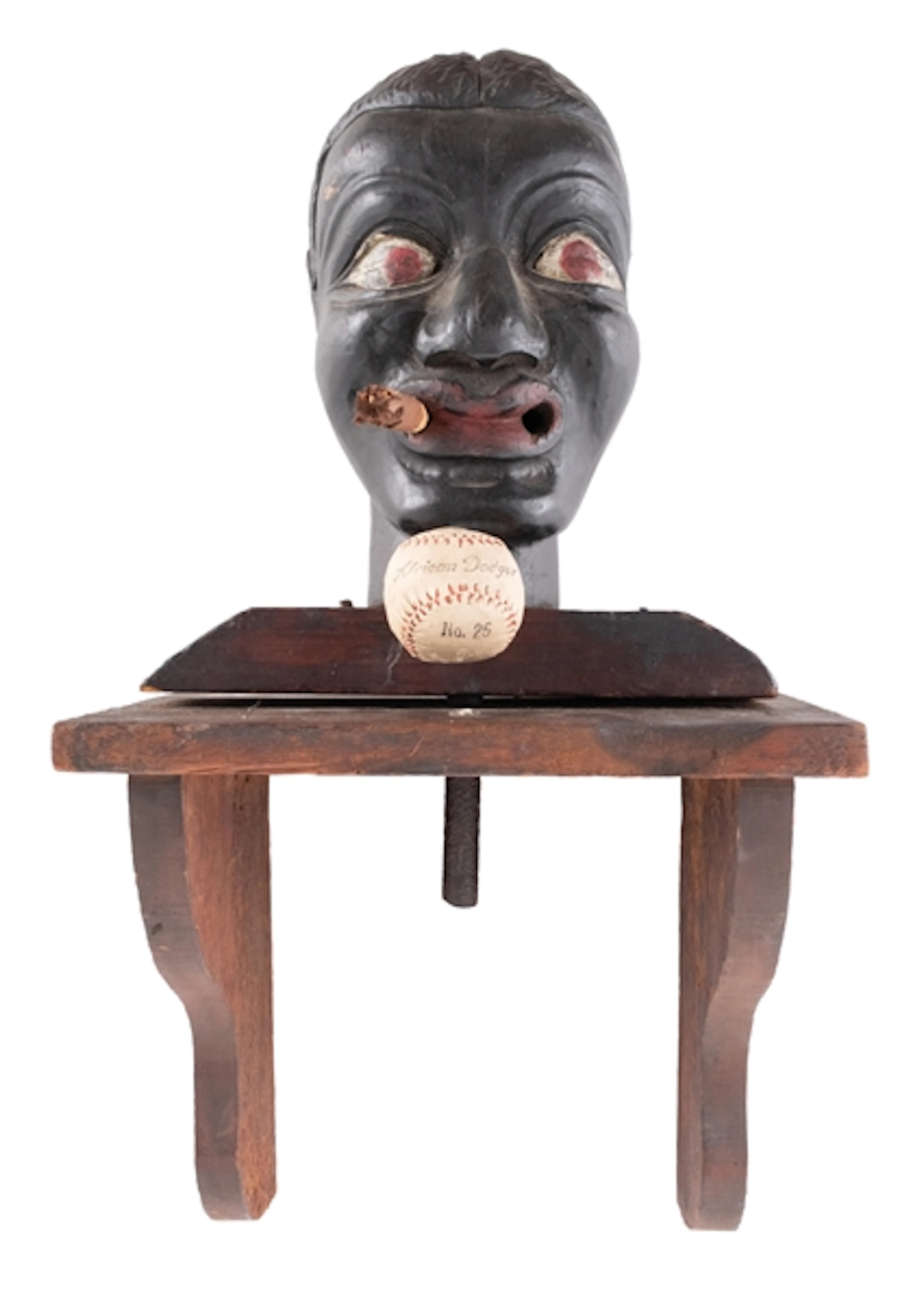 CARNIVAL MIDWAY AFRICAN DODGER HEAD, ORIGINAL BALL, AND DISPLAY SHELF