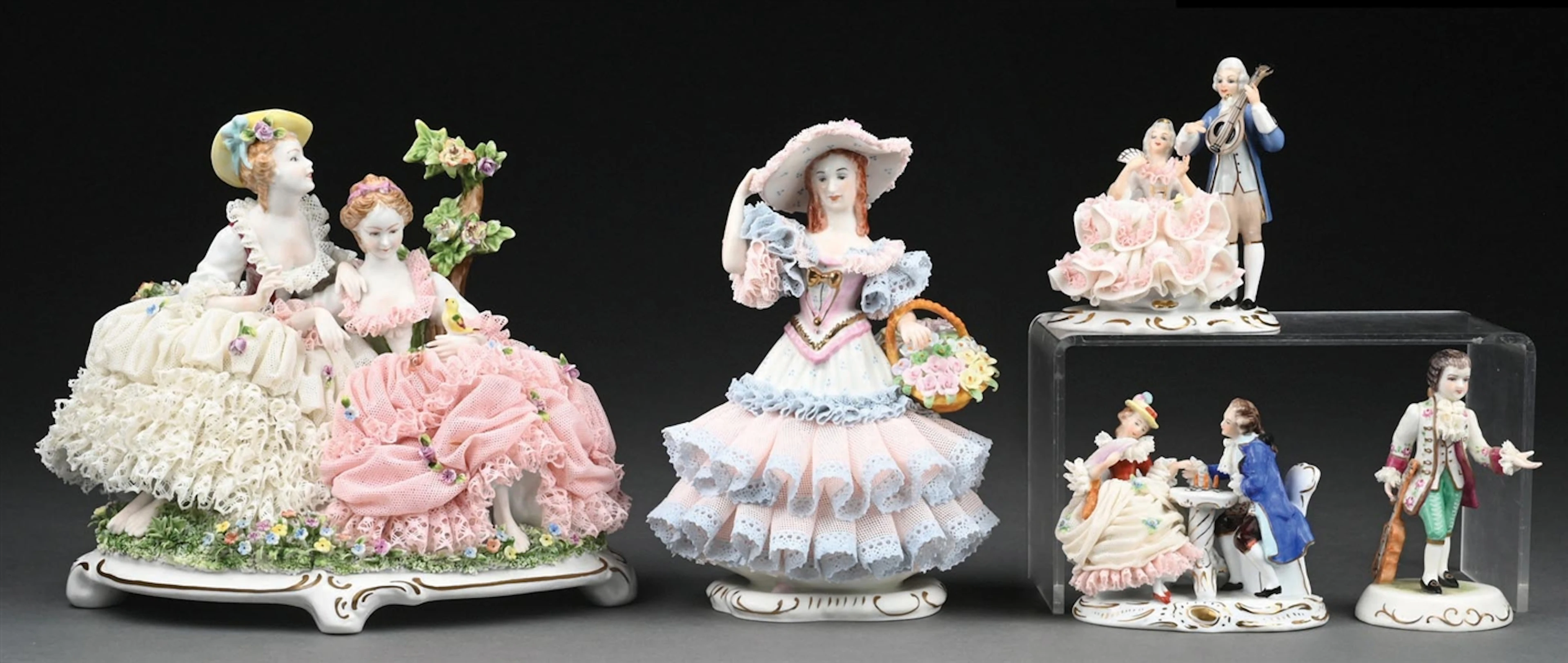 COLLECTION OF 5: SITZENDORF GERMANY AND MULLER VOLKSTEDT IRISH DRESDEN