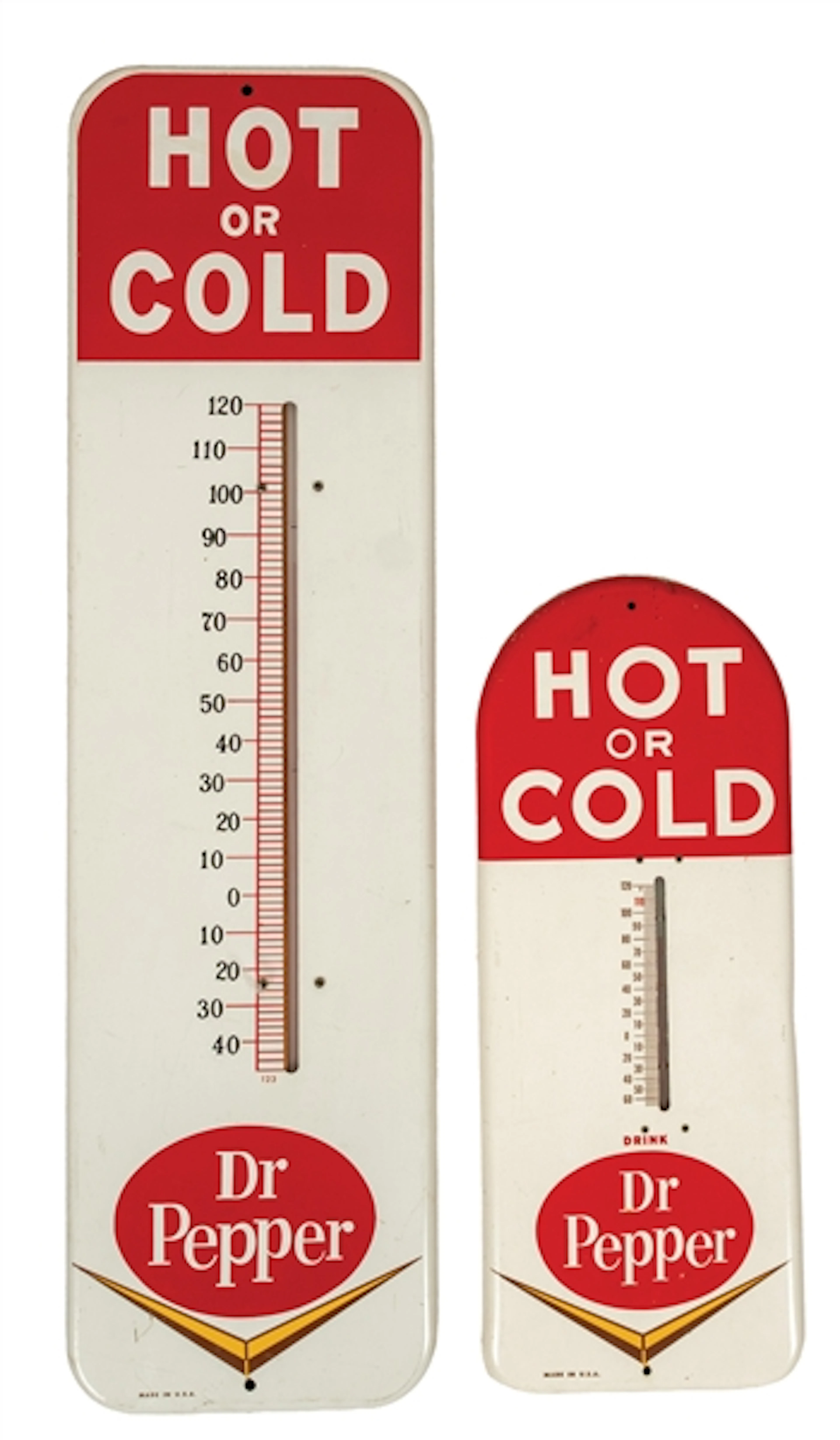 A PAIR OF DR. PEPPER "HOT OR COLD" ADVERTISING WALL THERMOMETERS