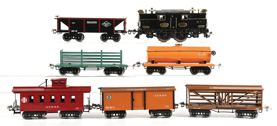 LOT OF 7: IVES STD-GA. 3242R LOCO & FREIGHT CARS (RESTORED)
