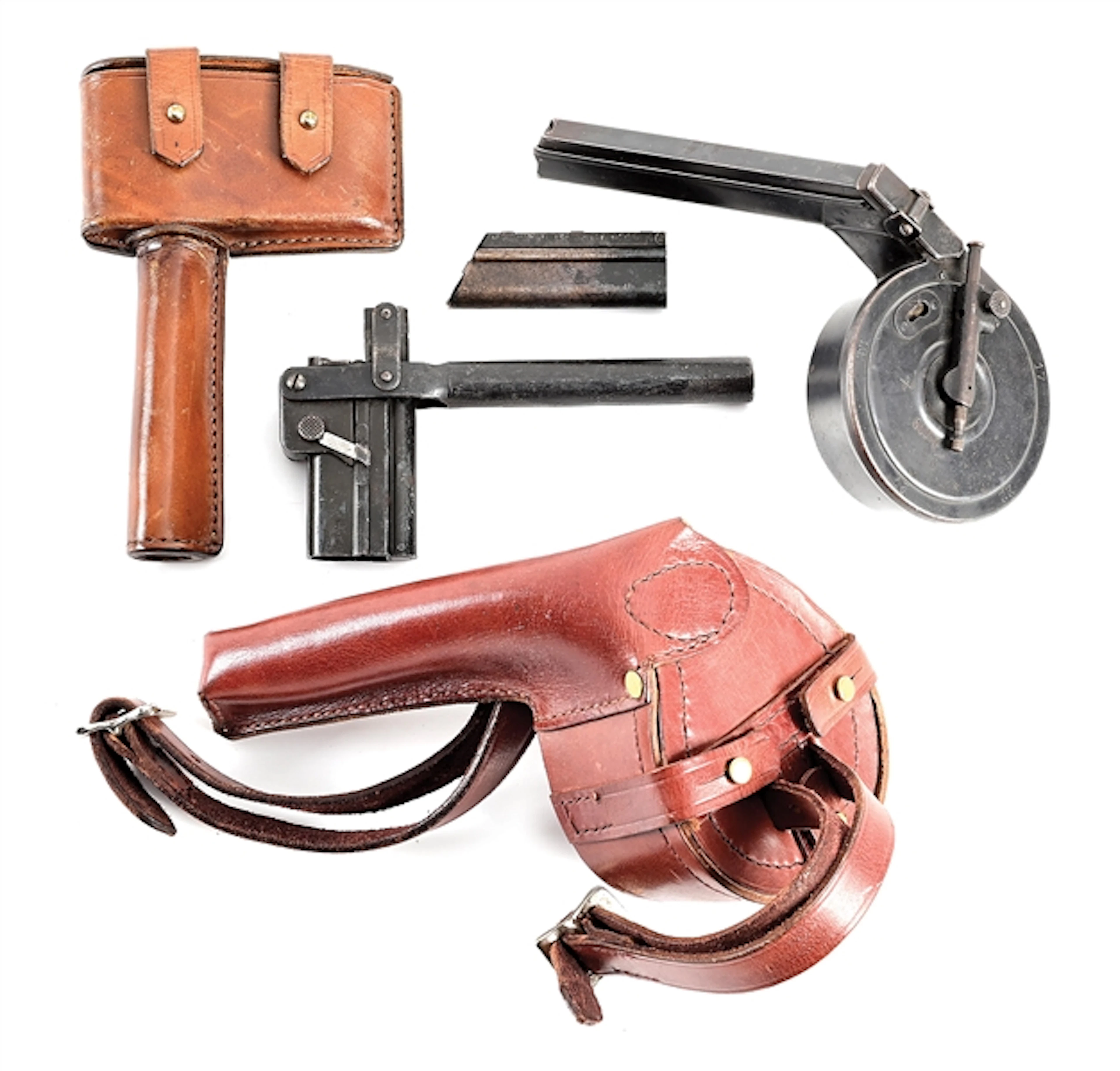 GERMAN 1ST MODEL LUGER DRUM MAGAZINE WITH LOADER AND HOLSTERS.