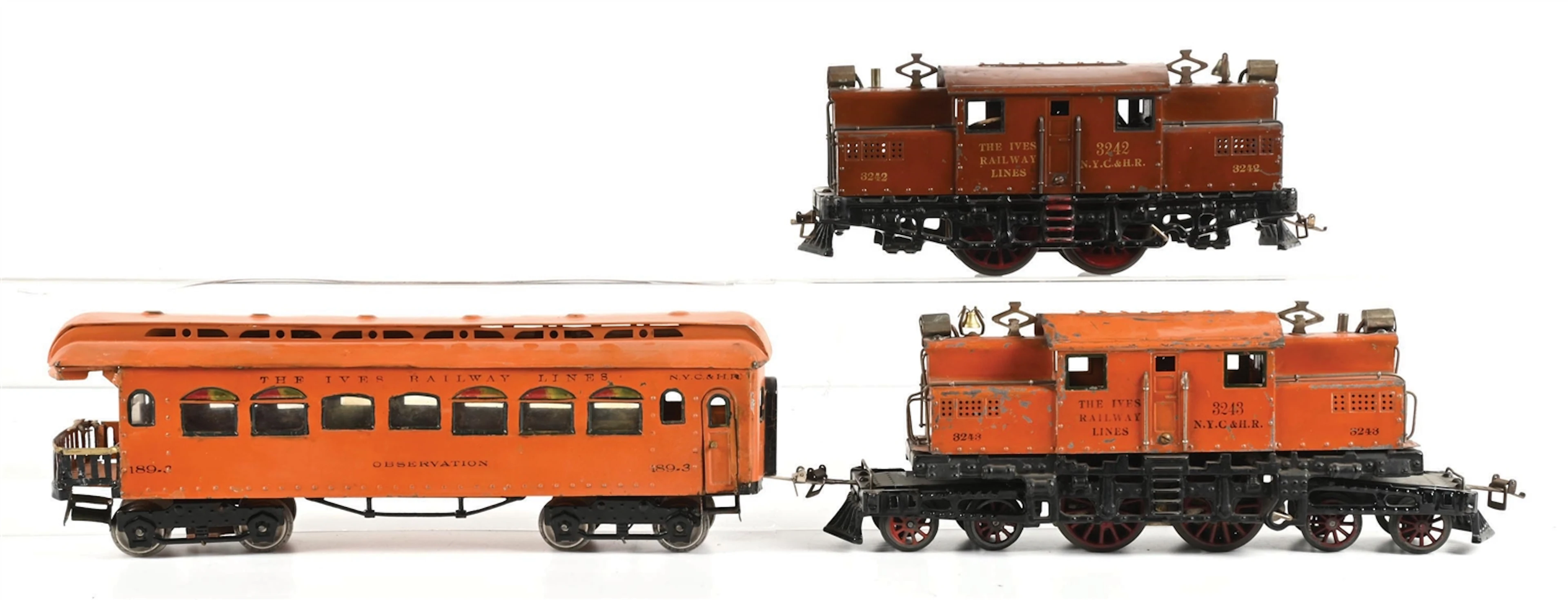 LOT OF 3: IVES RAILWAY LOCOMOTIVES 3243 AND 189-3 OBSERVATION CAR