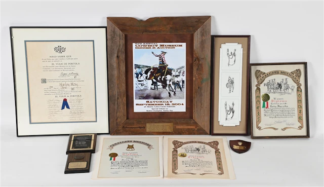 COLLECTION OF 9: FRAMED HARLEY MAY RODEO PHOTOS AND ASSORTED DIPLOMAS