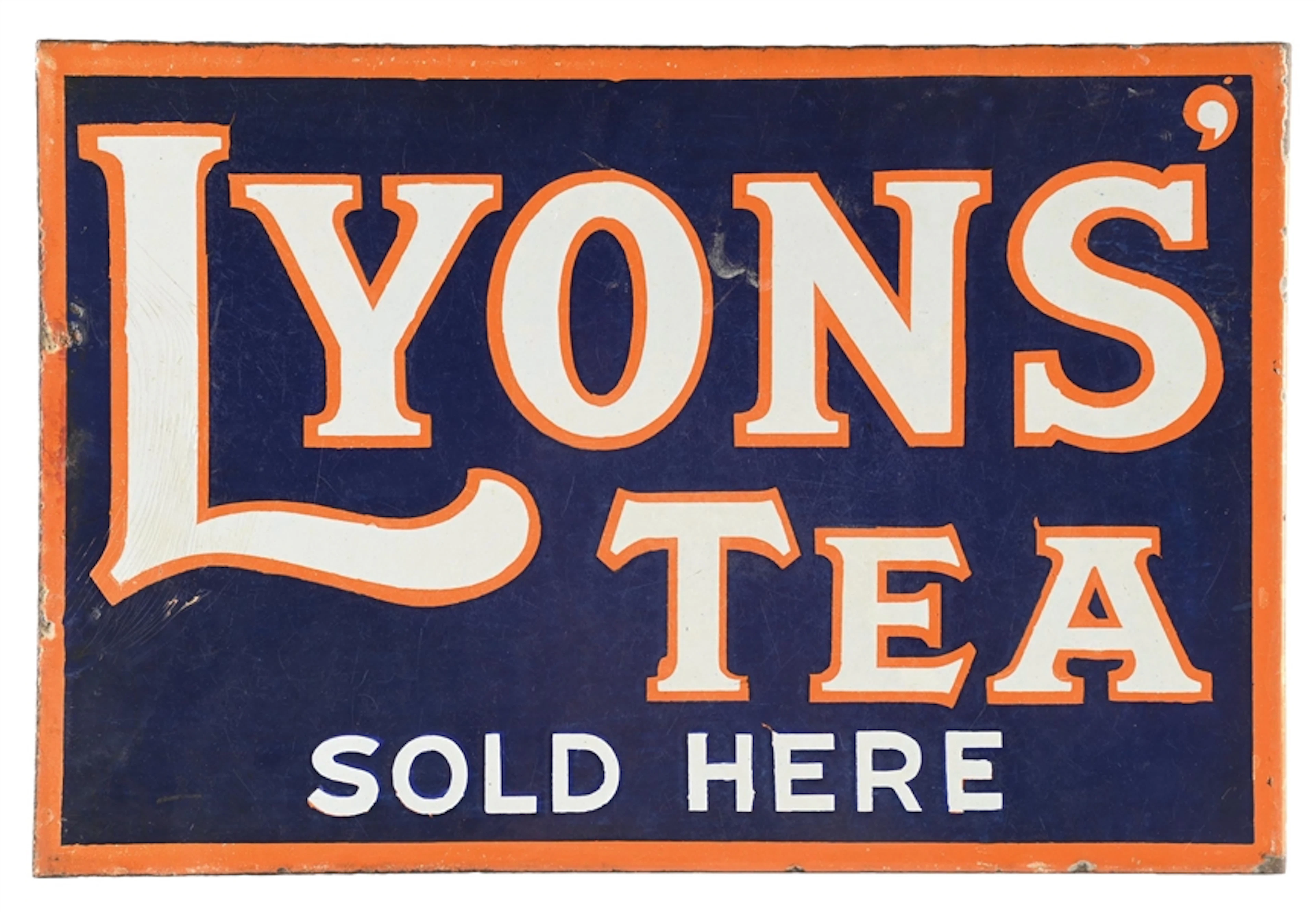 LYONS TEA SOLD HERE PORCELAIN FLANGE SIGN.
