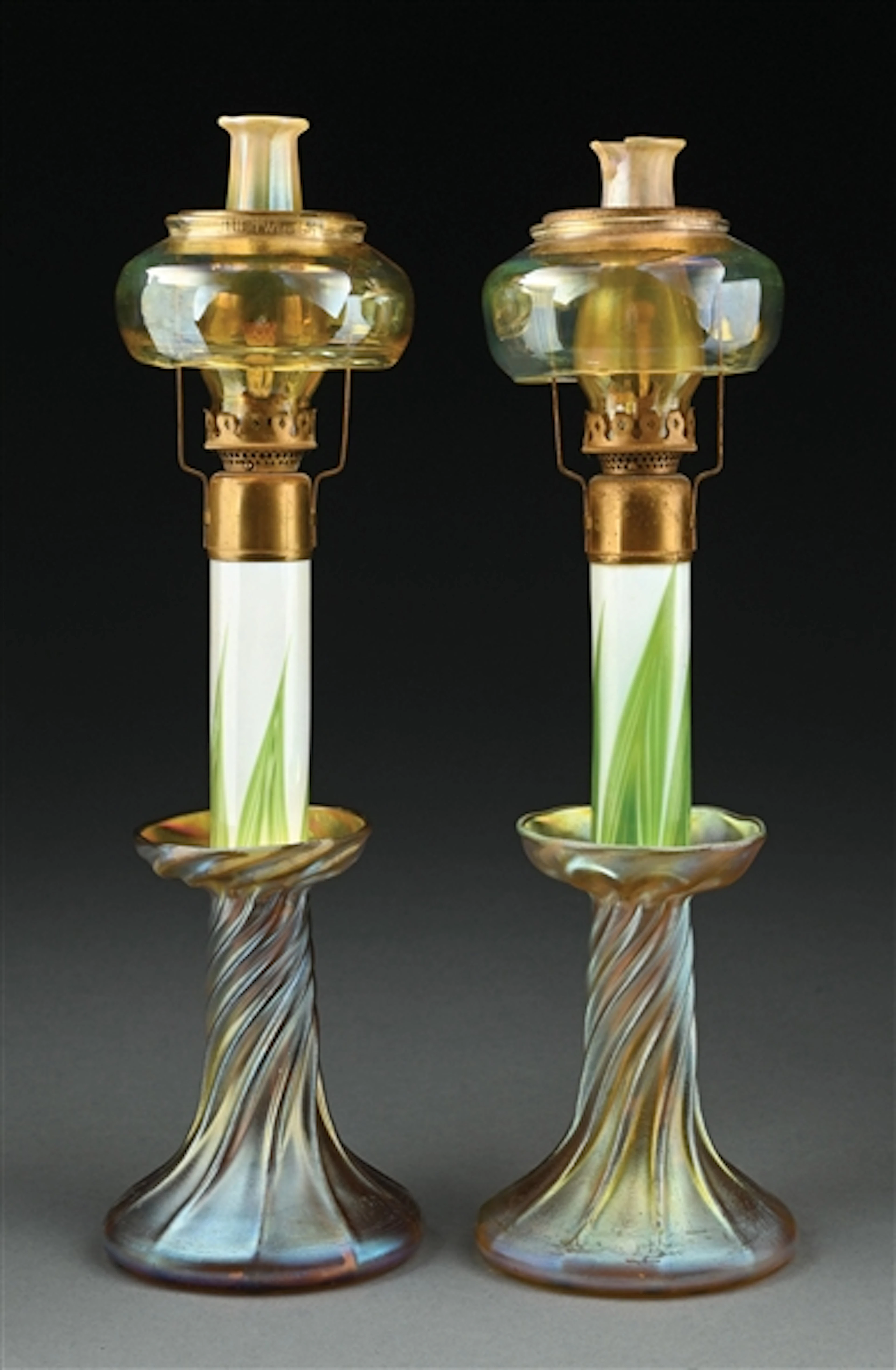 PAIR OF TIFFANY STUDIOS PULLED FEATHER CANDLESTICKS W/ RARE SHADES & CHIMNEYS