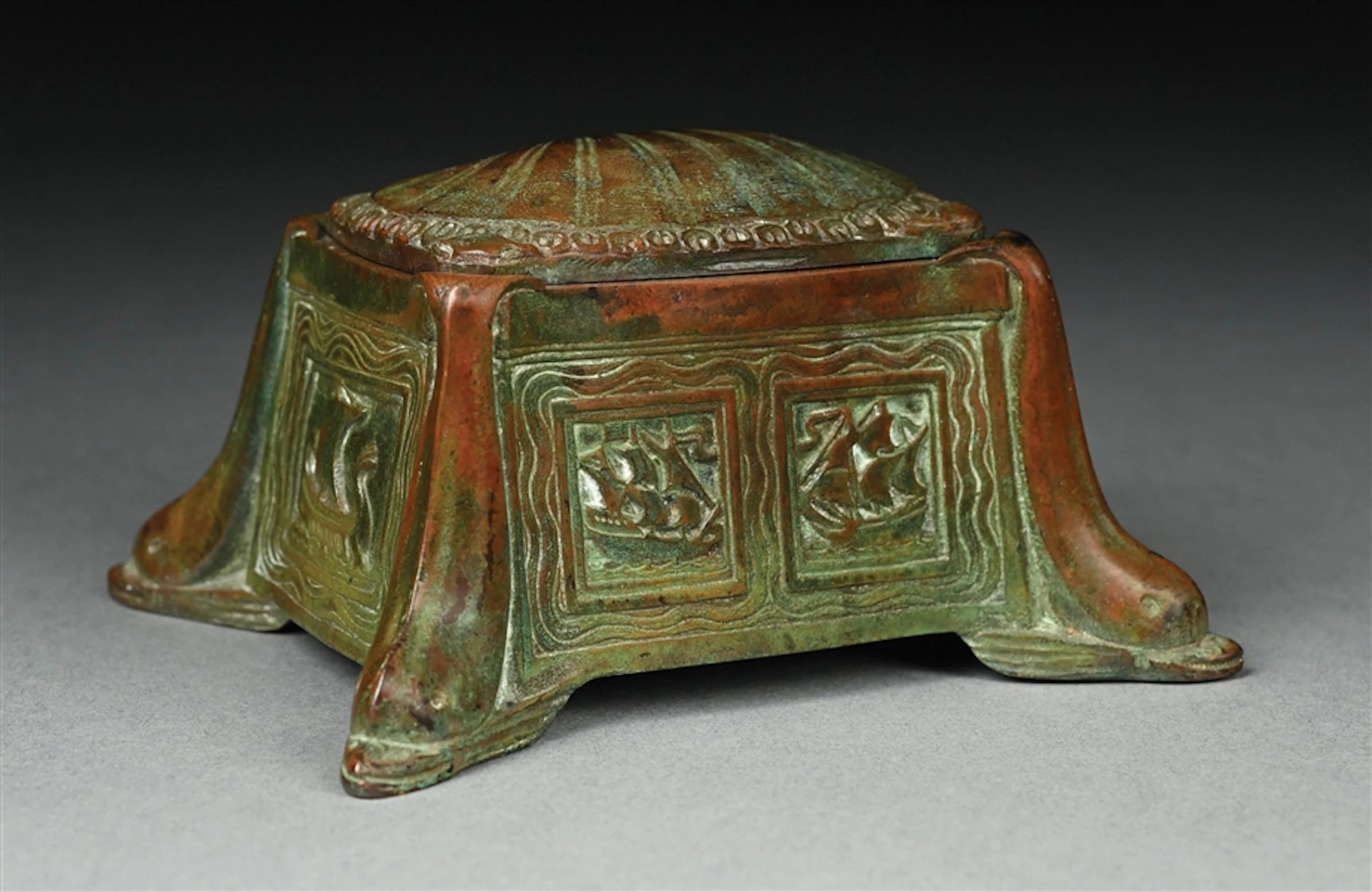RARE TIFFANY STUDIOS NAUTICAL BRONZE INKWELL